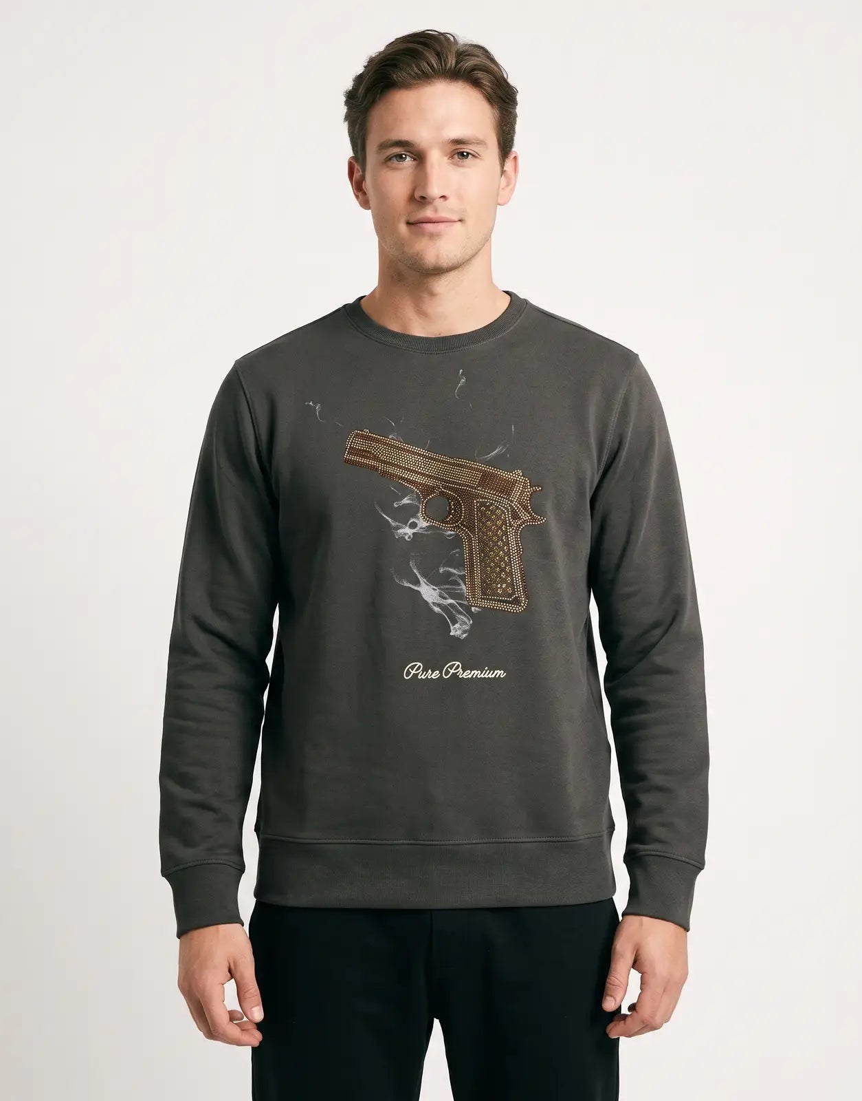 Pure Premium Fiero Sweatshirt in dark grey featuring a detailed gold gun graphic with 'Pure Premium' text, long-sleeved.