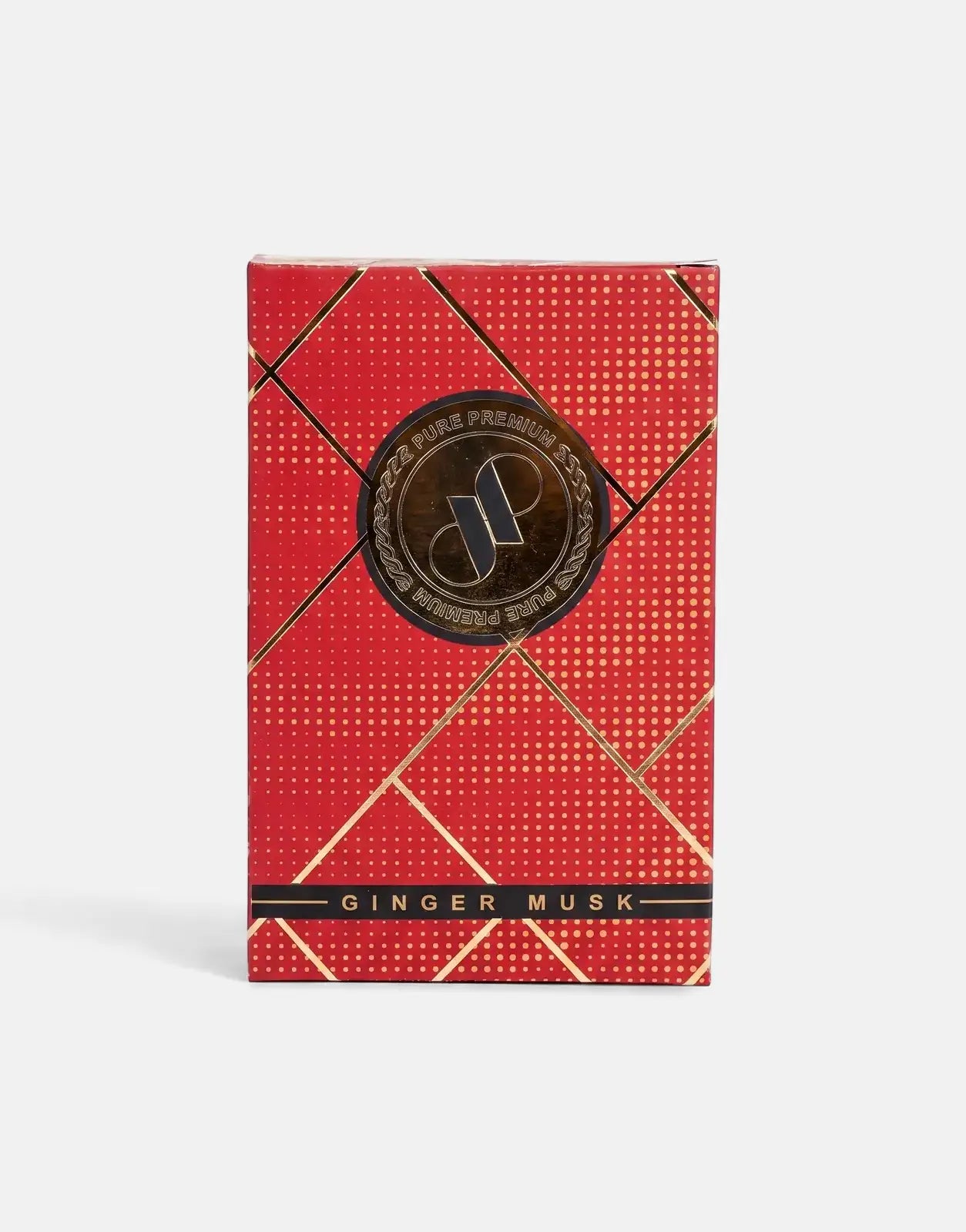 Front view of a Pure Premium Ginger Musk perfume in a red rectangular box with gold geometric patterns and a prominent
