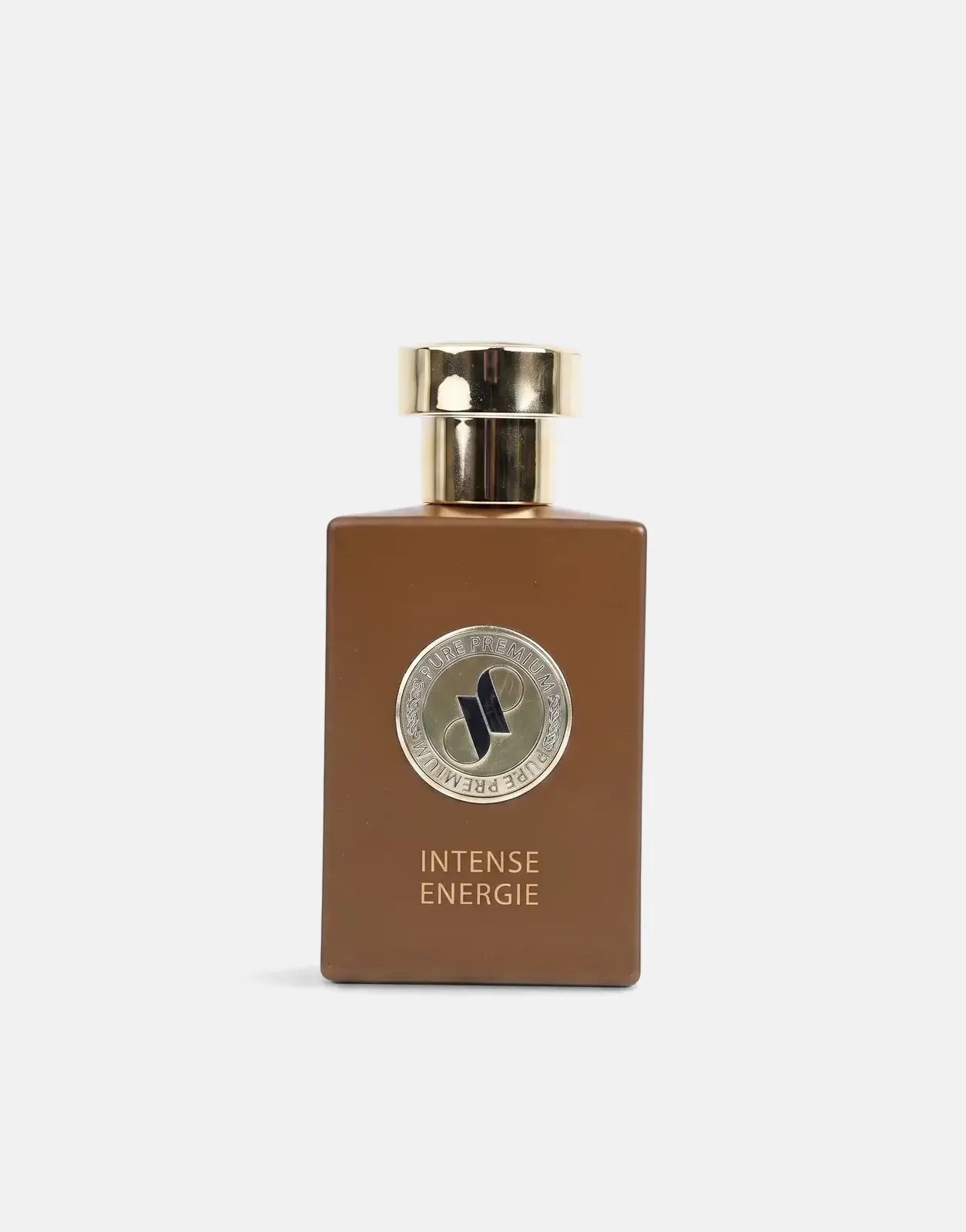 Pure Premium Intense Energie Perfume in a brown rectangular bottle with a gold cap and a silver circular emblem on the front.