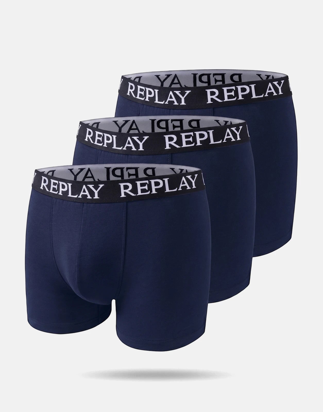 Replay 3 pack men's navy blue boxer briefs with branded waistbands, arranged diagonally on a white background.