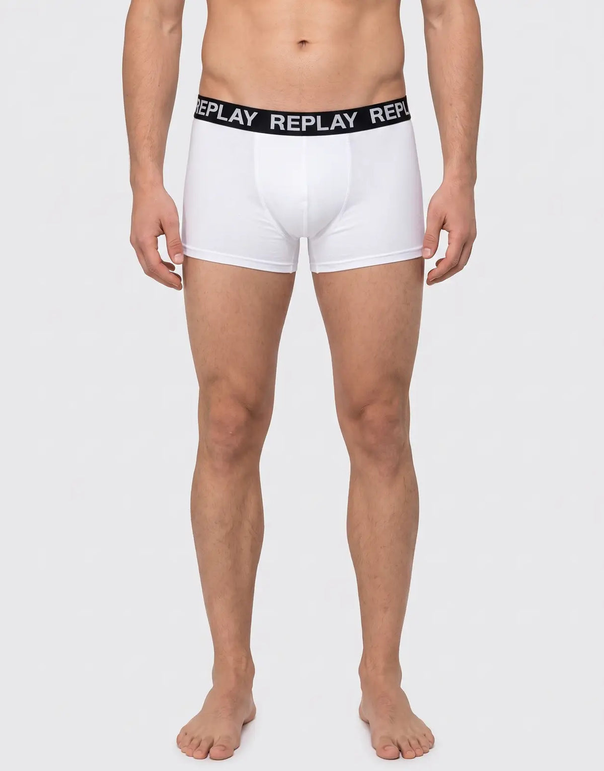 White Replay boxer briefs from a 3 pack, featuring a black waistband with the Replay logo, displayed on a mannequin.