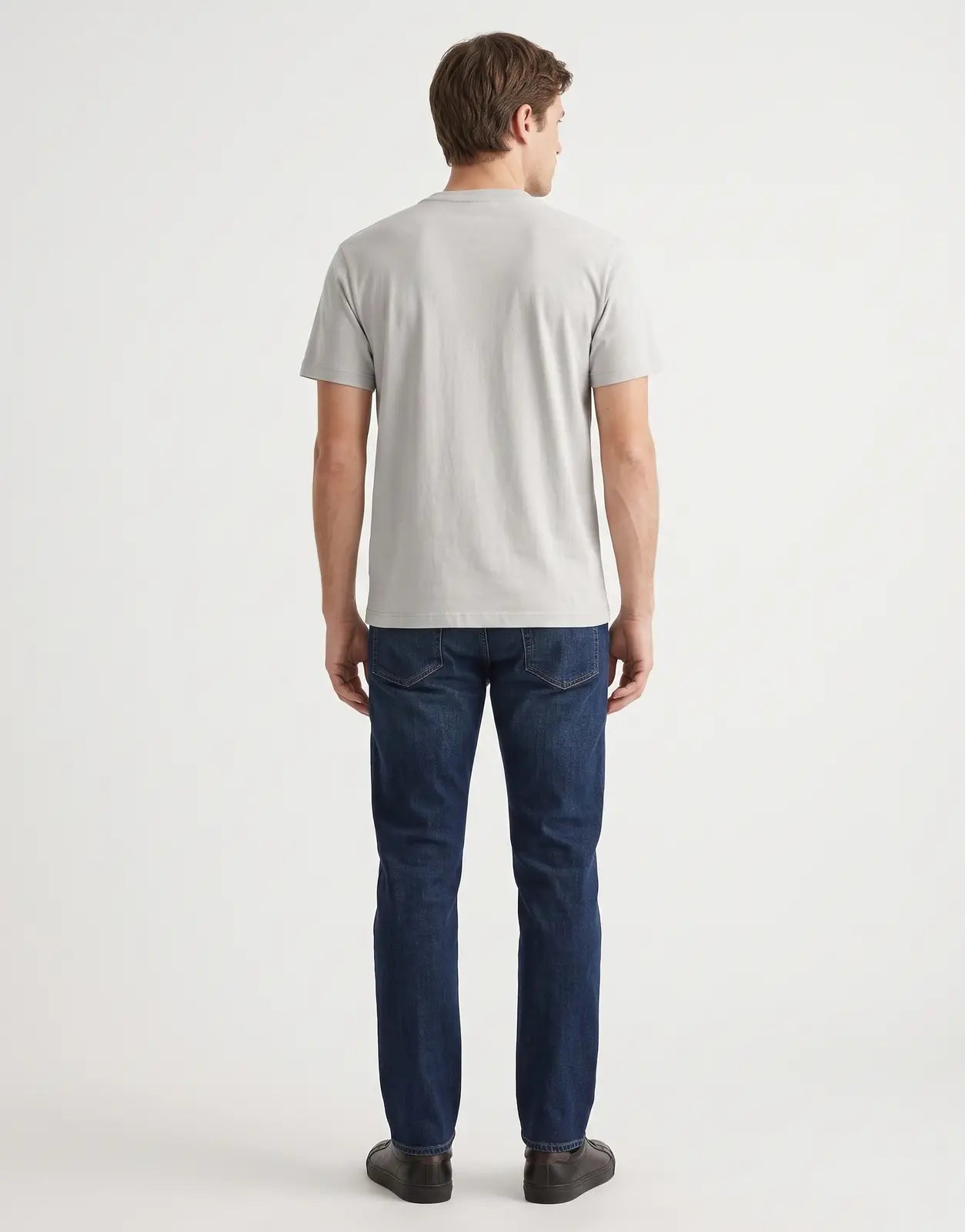 Replay Chest Green Font Grey T-Shirt on a male model, viewed from the back. Showcases soft grey fabric, short sleeves, and a
