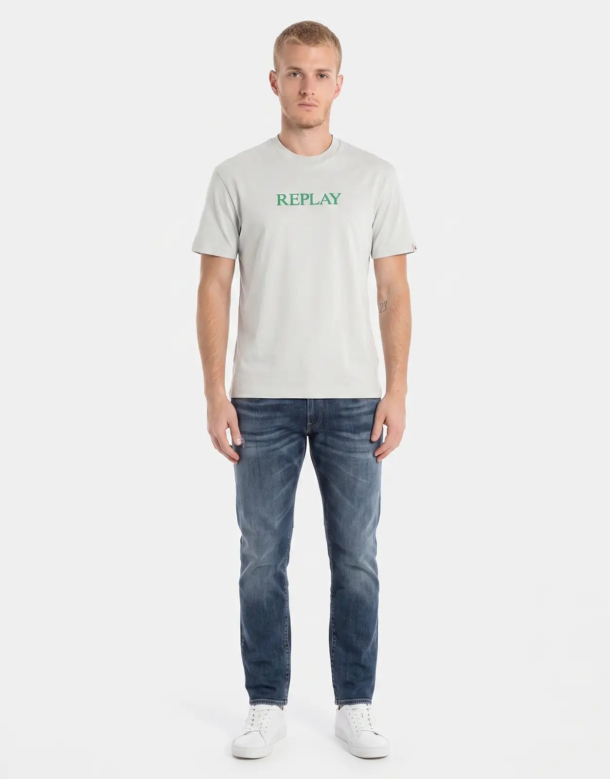 Men's Replay short sleeve light grey t-shirt with green 'REPLAY' font on the chest.