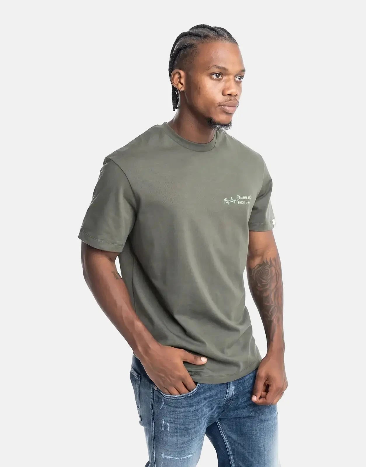 Replay Denim CO Stitch Print Military Green T-Shirt - Subwear