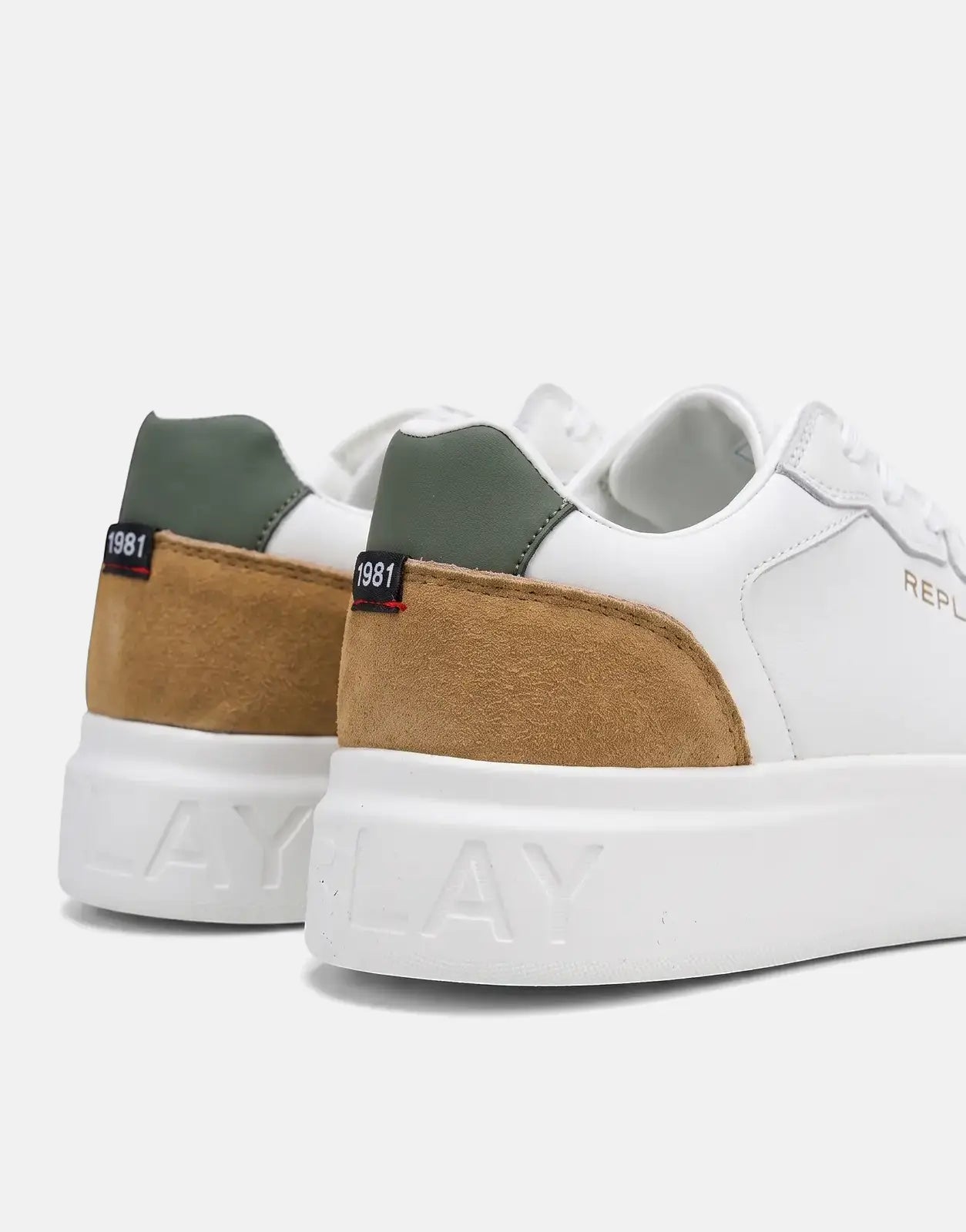 Replay Notting Agency low-top sneakers in white leather with tan suede panels and green heel accents, presented from a