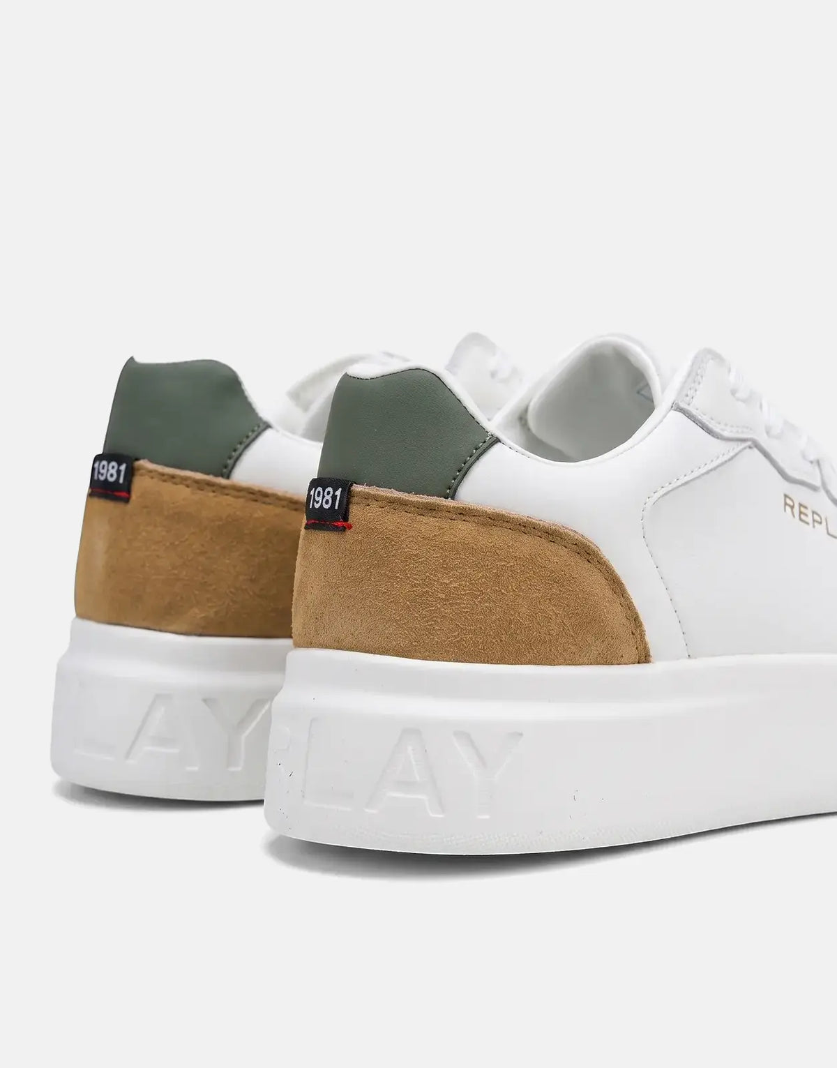 Replay Notting Agency low-top sneakers in white leather with tan suede panels and green heel accents, presented from a