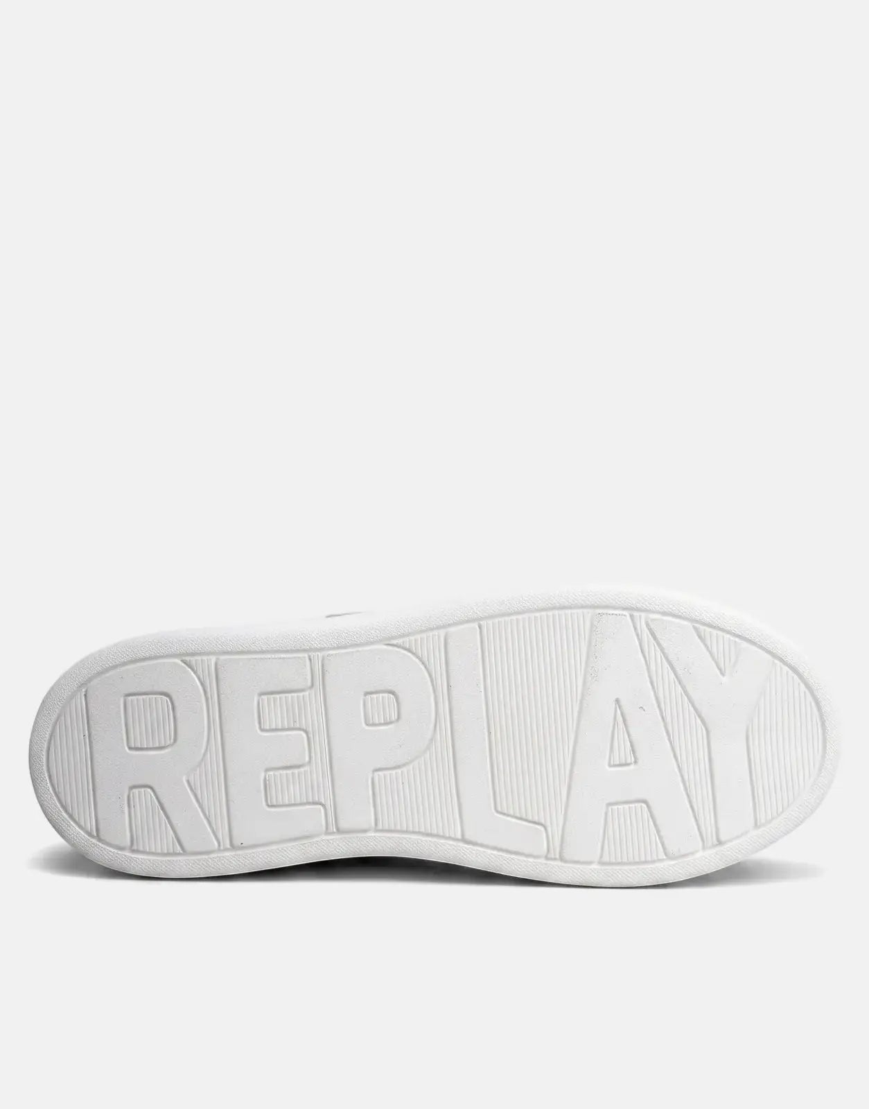 White Replay Notting Badges sneaker sole with embossed logo, detailed view showing the tread pattern.
