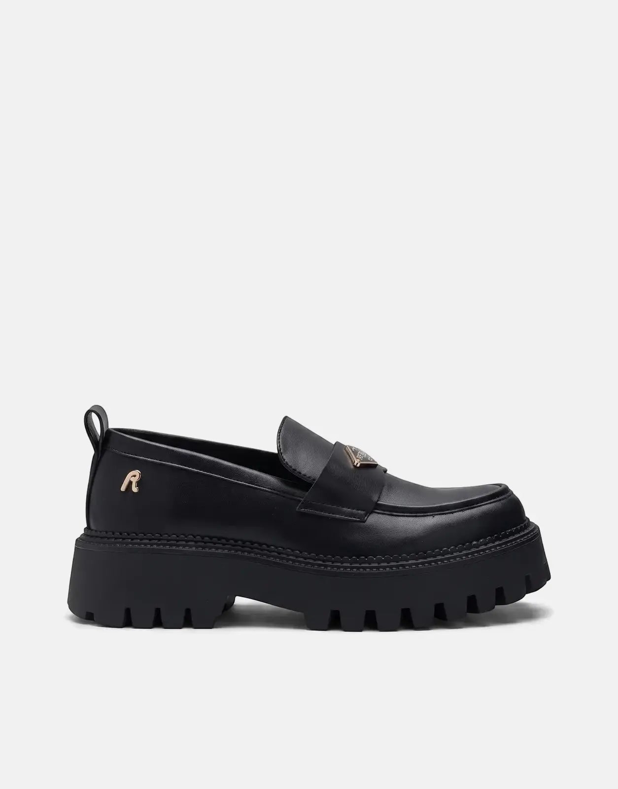 Black Replay Numb NY women's loafer-style sneakers featuring a chunky lug sole, gold 'R' logo, and a metallic vamp accent.