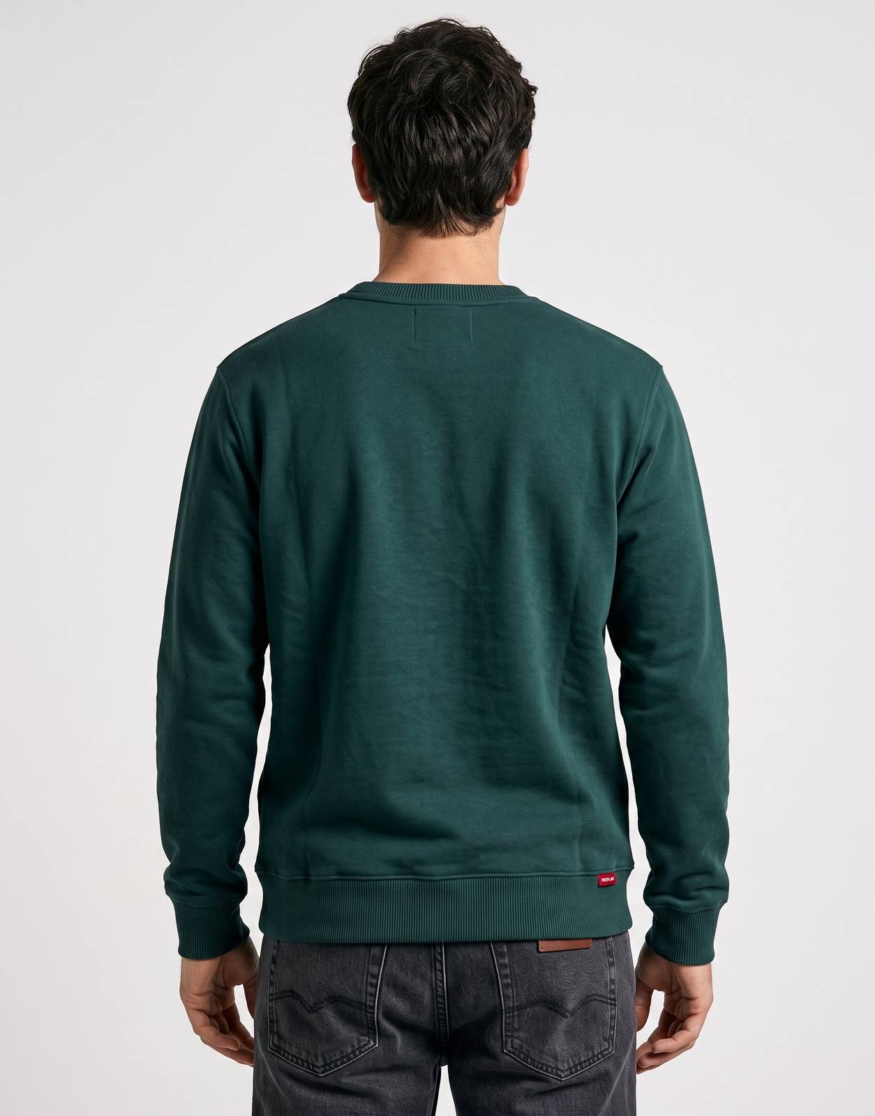 Replay R-Logo Side Bottle Green Sweatshirt, dark green crew neck with ribbed cuffs and hem, shown from the back view.