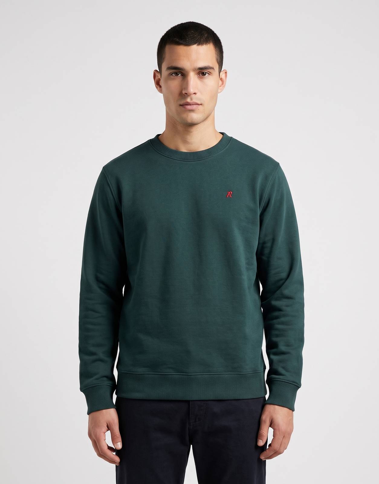 Front view of a Replay R-Logo Side Bottle Green Sweatshirt, featuring a classic crew neck design and a small red 'R' logo on