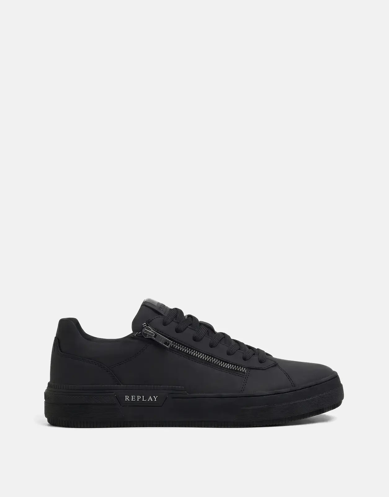 Replay Raily Low Zip Sneaker in black, side view with lace-up front and metal side zipper detail.