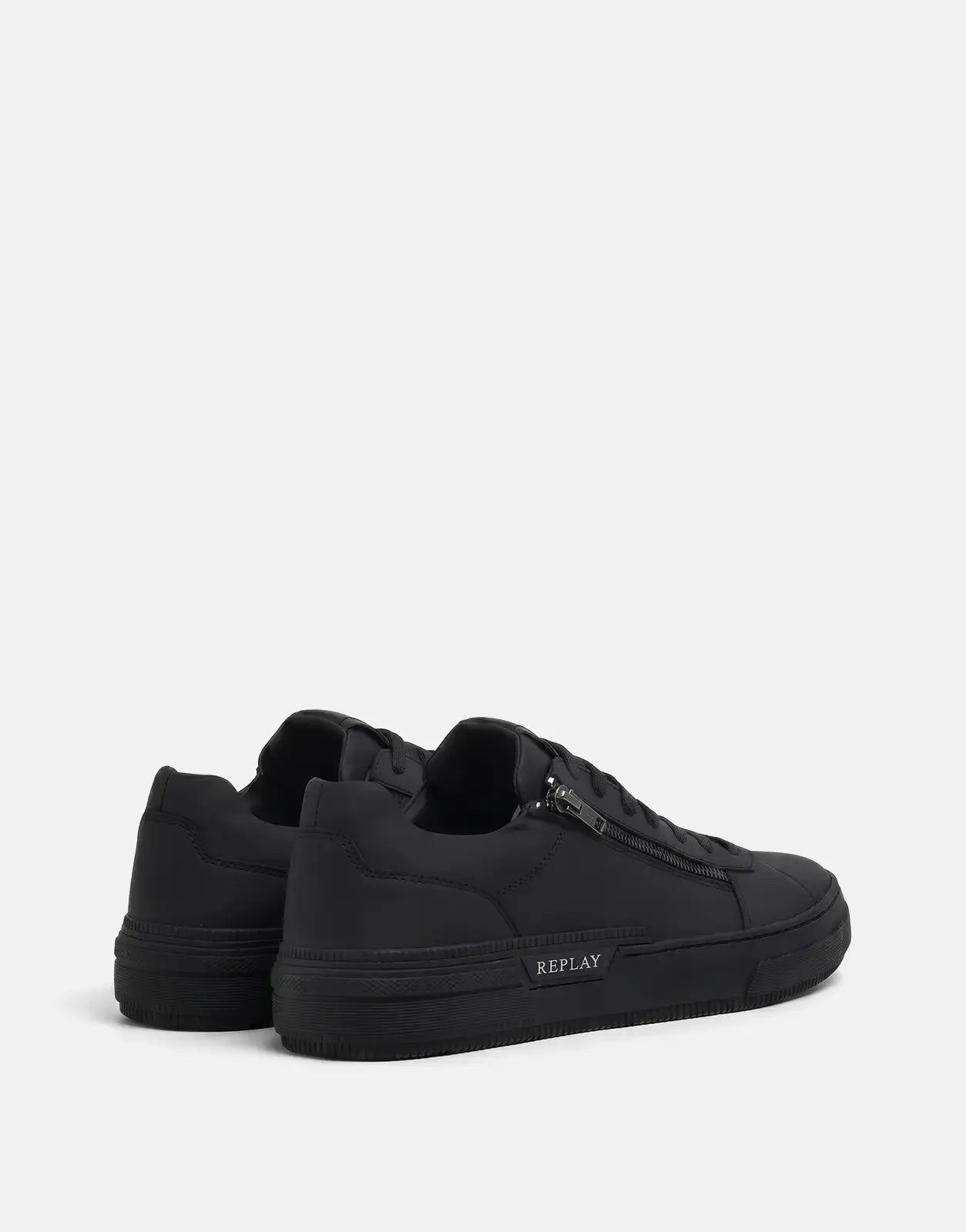 Replay Raily Low Zip Sneaker Black, low-top lace-up shoe with side zipper and tonal rubber sole, rear view.