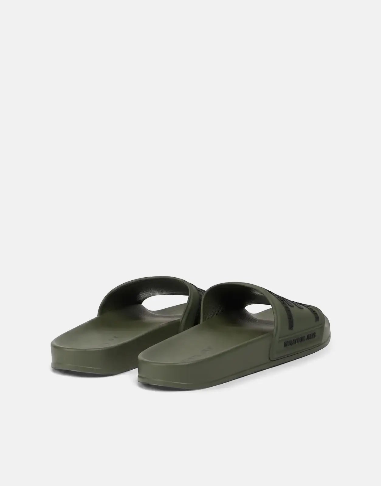 A pair of olive green Replay Up Graven Mil slides with black branding, viewed from an angled perspective on a clean white