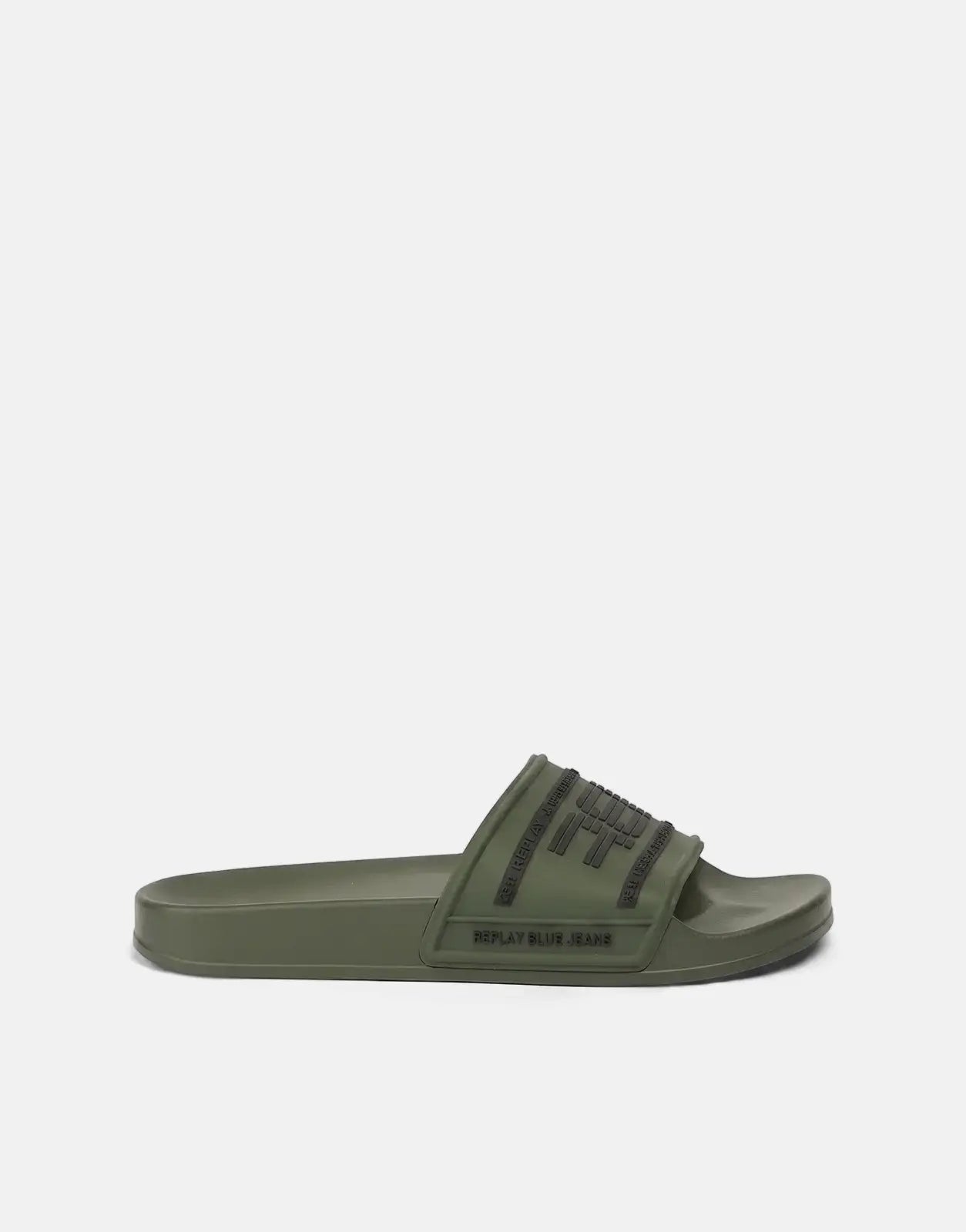 Replay Up Graven Mil Green/Black Slides, featuring olive green rubber and black embossed branding, shown from a side view.
