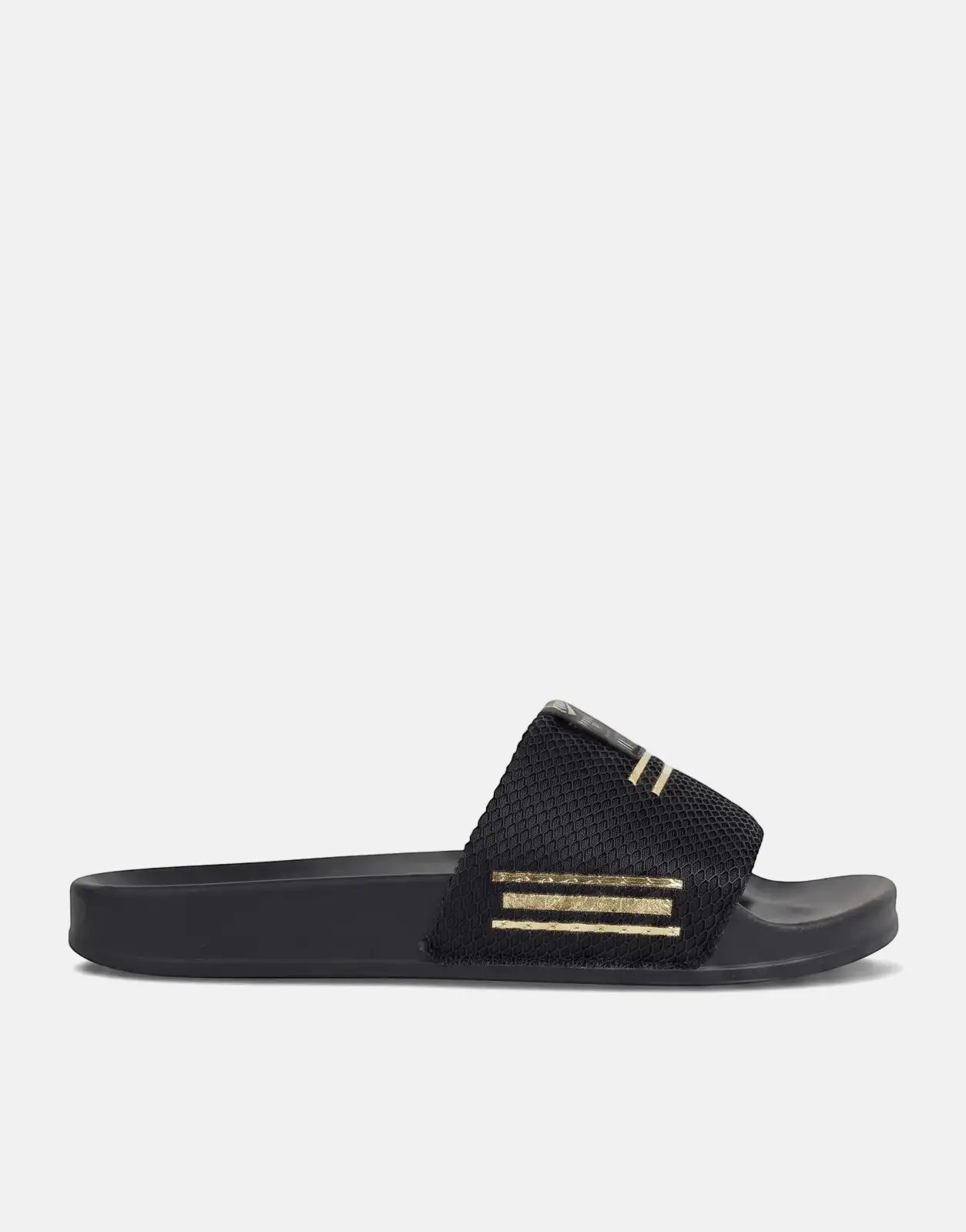 Replay Up Trap slides in black and platino gold, featuring a textured mesh strap with three metallic gold stripes. Side