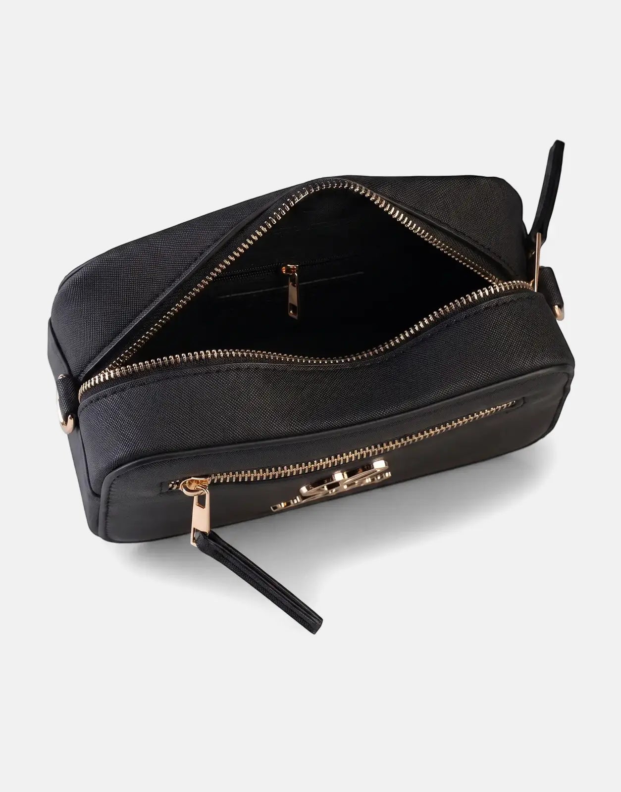 Black Sissy Boy camera bag, open, featuring gold zippers and a textured faux-leather finish, captured from an elevated