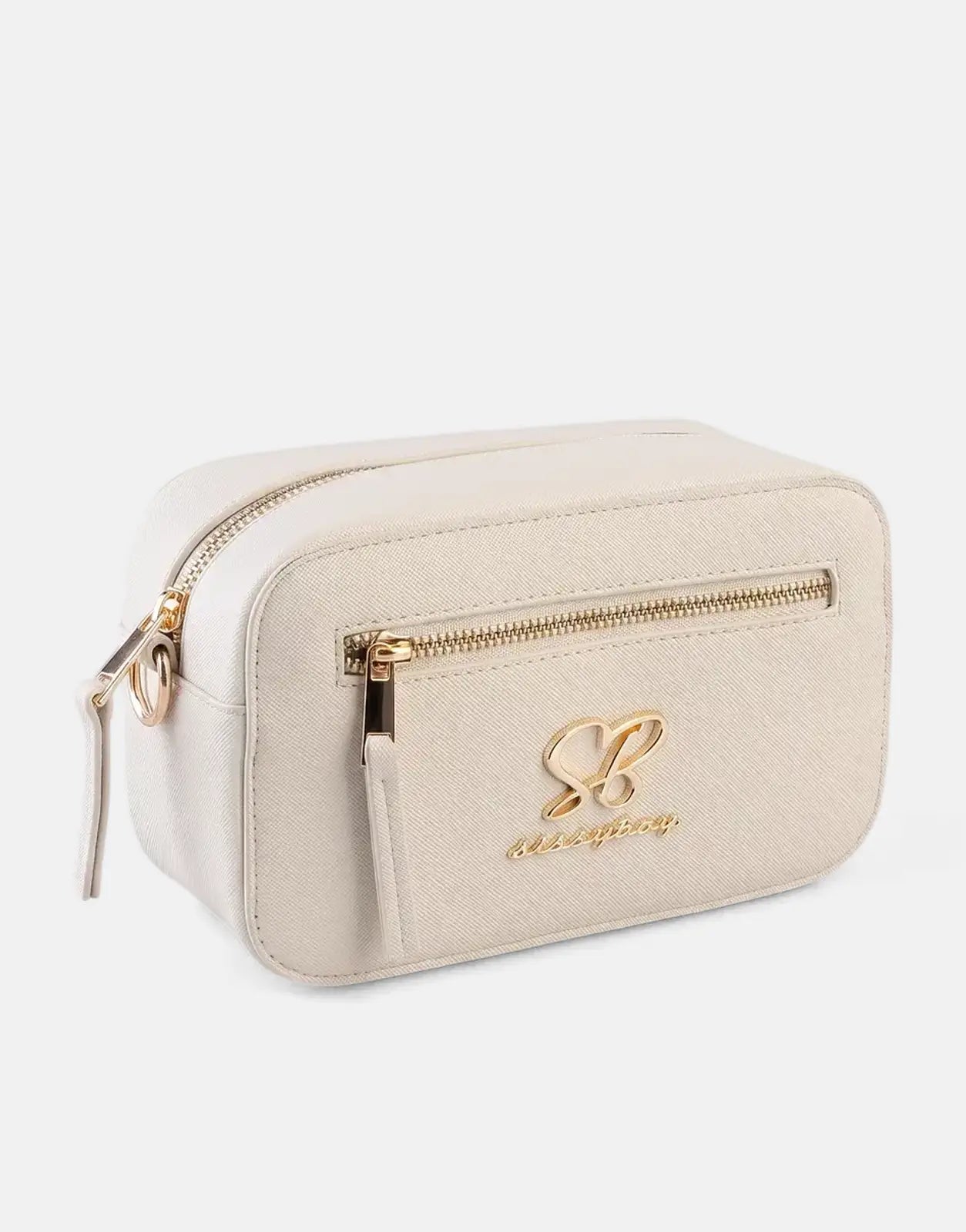 A Sissy Boy Basic Cream Camera Bag, featuring a textured exterior and prominent gold-tone zippers and SB SissyBoy branding.