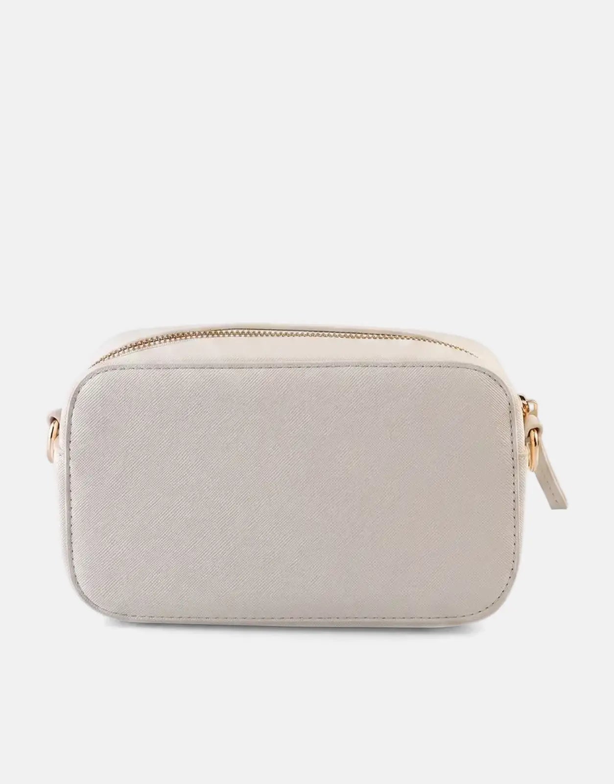Sissy Boy Basic Cream Camera Bag with a rectangular shape, gold zipper, and textured finish, displayed on a reflective