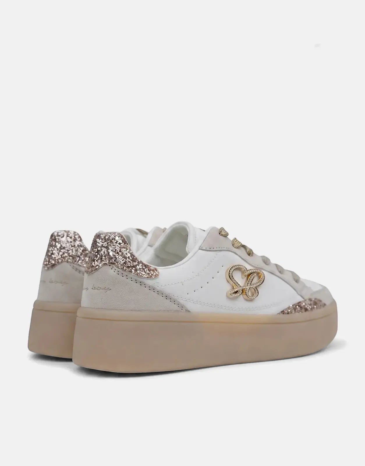 Sissy Boy Blaine white and gold glitter platform sneakers, featuring an 'SB' logo and viewed from a side angle.