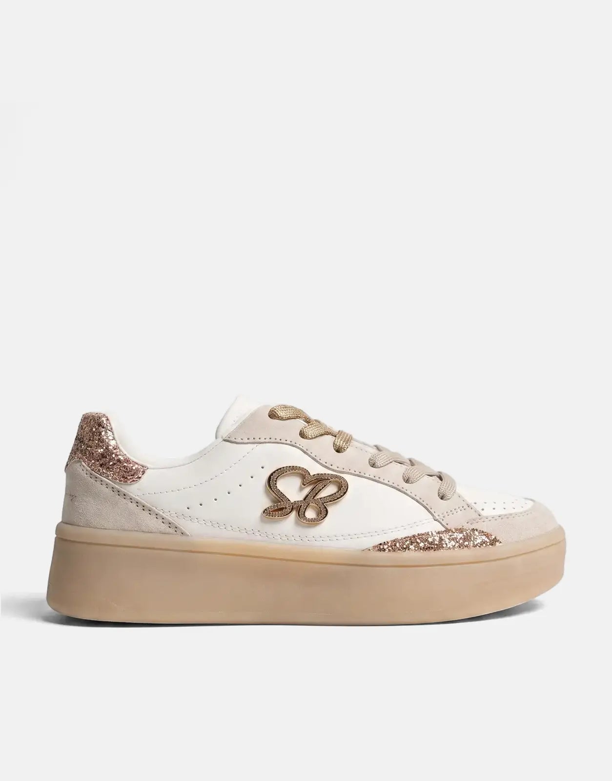 Sissy Boy Blaine women's low-top sneakers in white and gold, featuring glitter accents, a distinctive 'SB' logo, and a