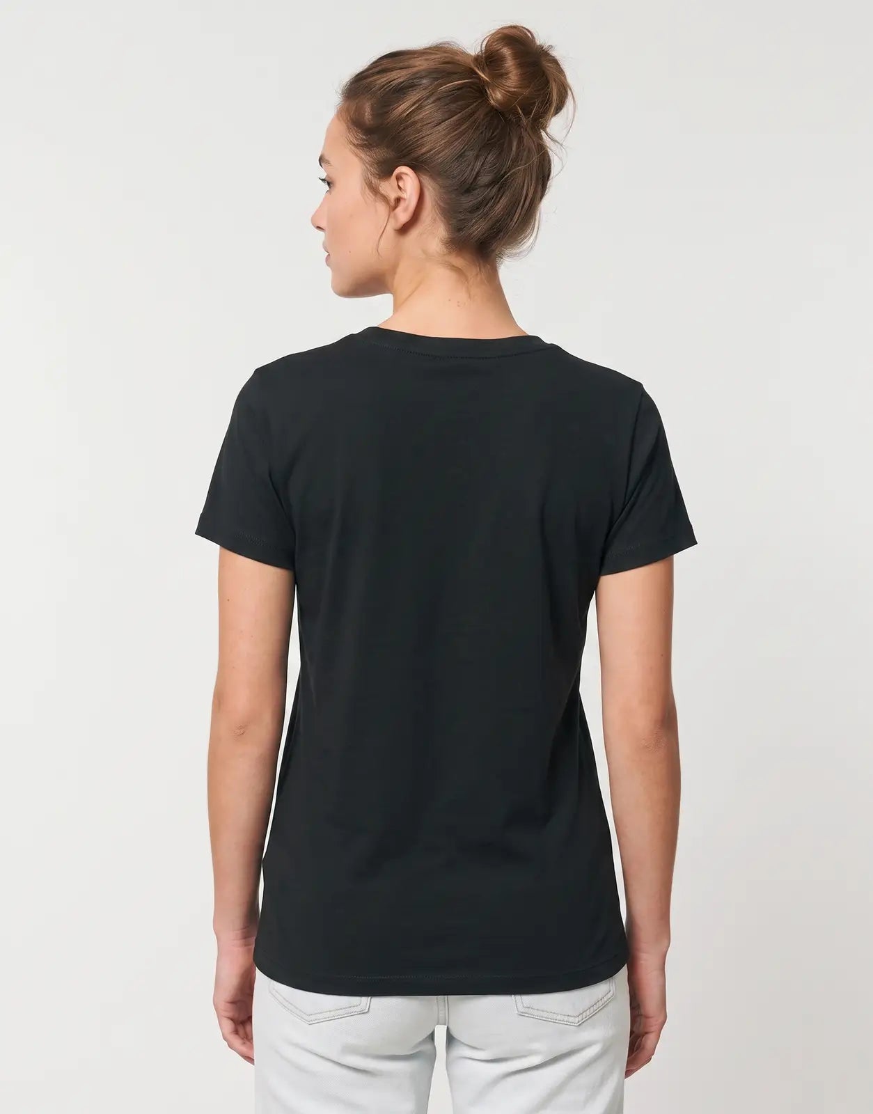 Back view of a Sissy Boy Drama Deluxe black short-sleeve cotton t-shirt for women, laid flat on a white surface.