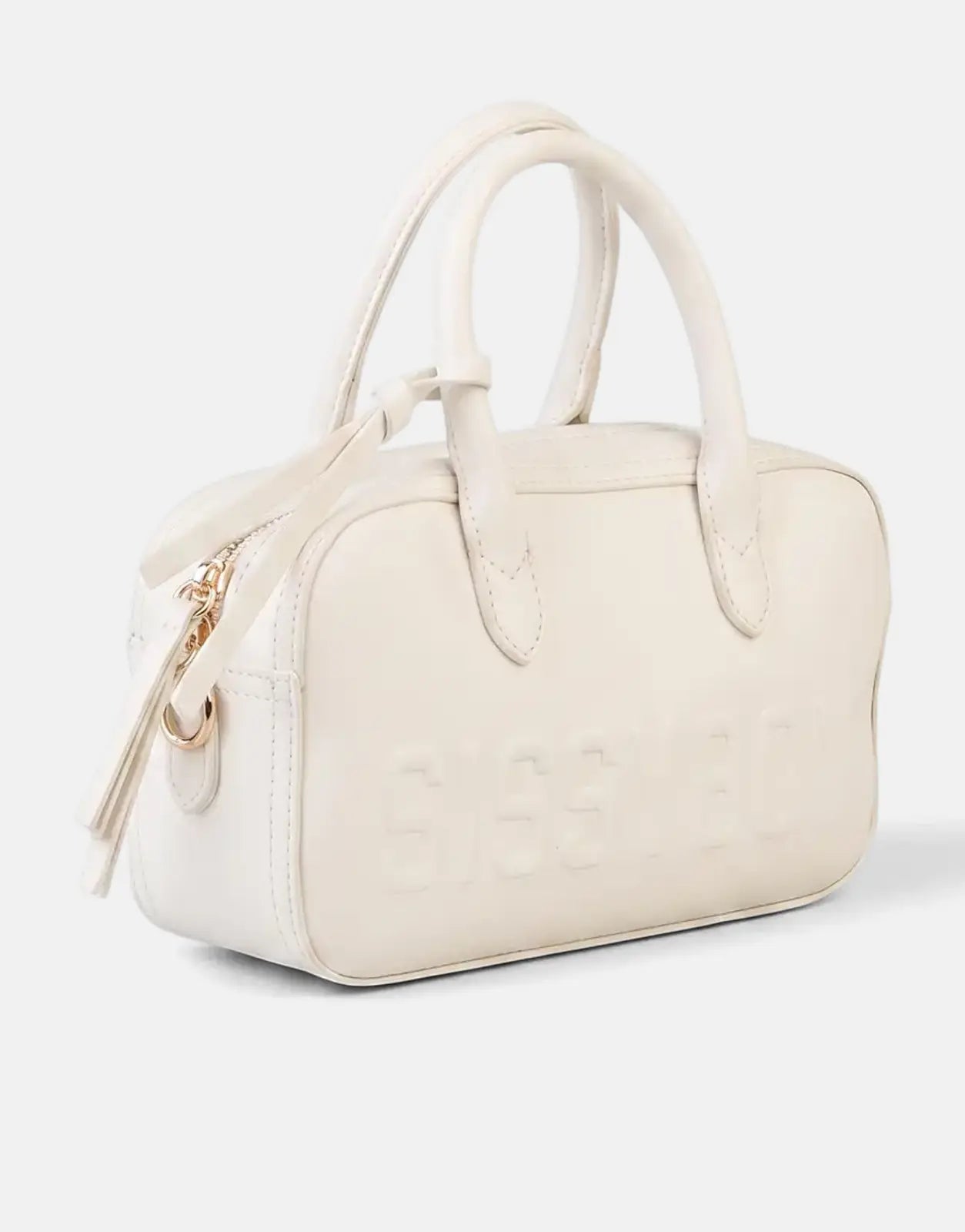 Sissy Boy Emory off-white faux leather duffle bag with top handles and an embossed logo, shown angled on a plain background.
