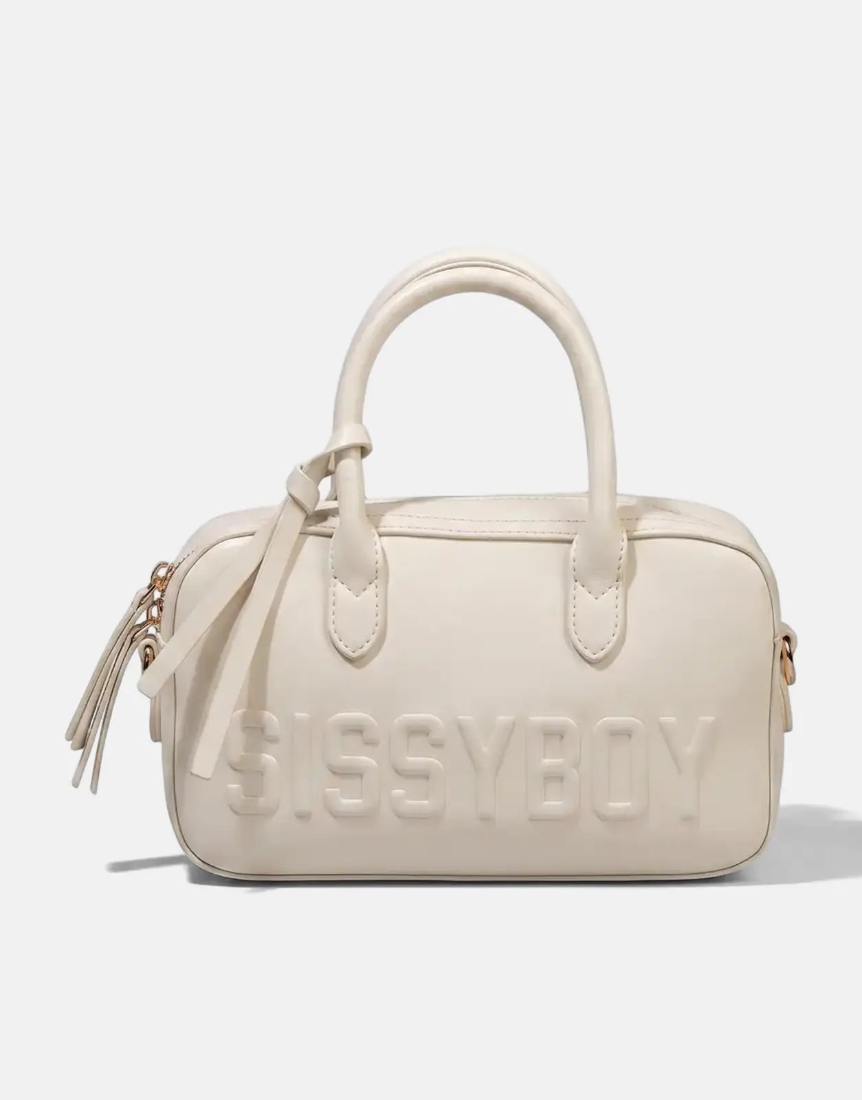 Sissy Boy Emory off white faux leather mini duffel bag with twin top handles and embossed logo, front view.
