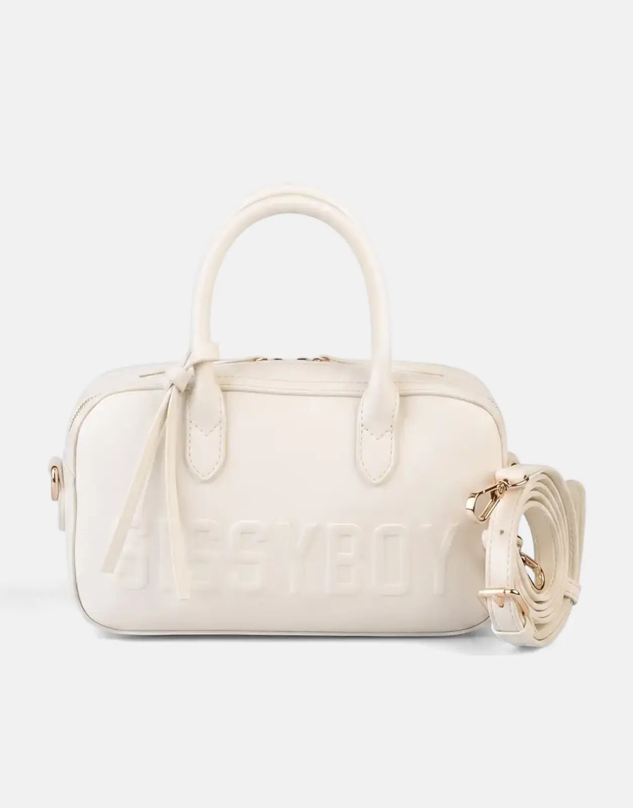 Sissy Boy Emory off white faux leather satchel bag with top handles and a coiled adjustable shoulder strap on a light
