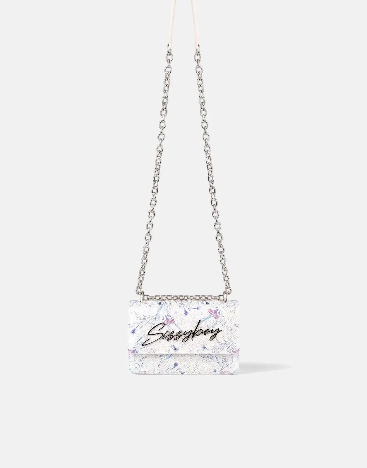 Sissy Boy Fency Florals Blue Multi Crossbody Bag with silver chain strap and white loop handle, hanging centrally against a