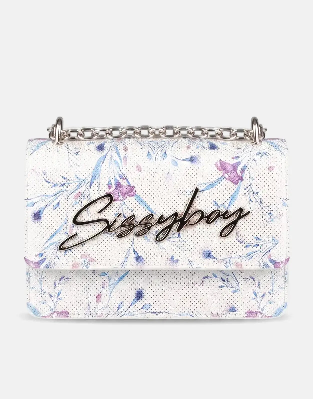 Sissy Boy Fency Florals Blue Multi Crossbody Bag with white background and blue and purple floral pattern, featuring a