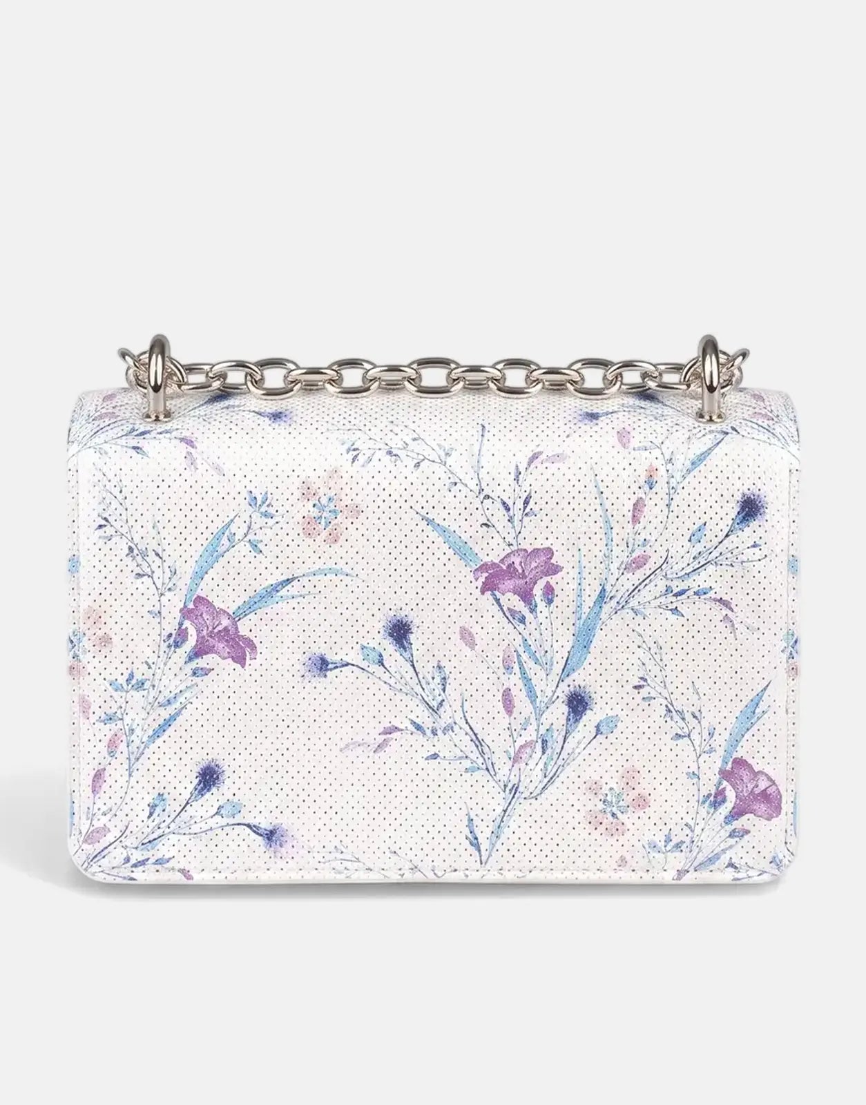 Sissy Boy Fency Florals Blue Multi Crossbody Bag, featuring a white base with vibrant blue and purple floral patterns and a