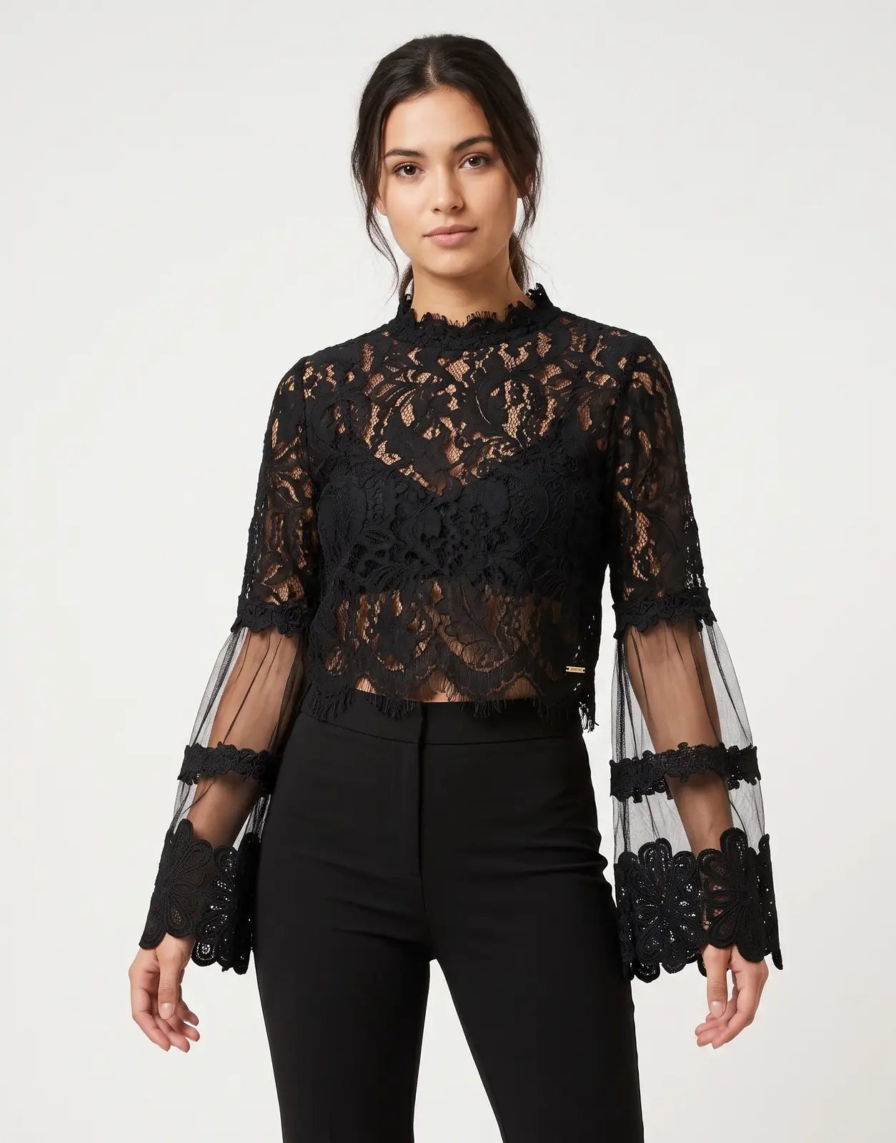 Sissy Boy In Your World Black Blouse featuring intricate lace fabric and elegant long sheer bell sleeves for a sophisticated