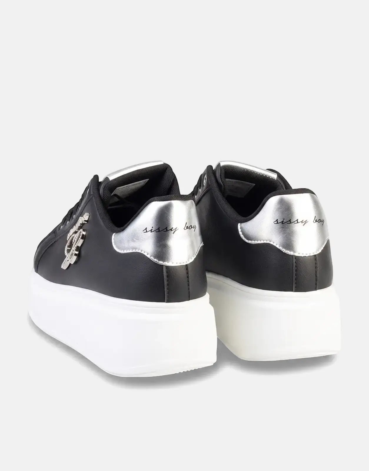 Sissy Boy Noella black platform sneakers with white soles and silver metallic heel details, featuring an 'SB' rhinestone