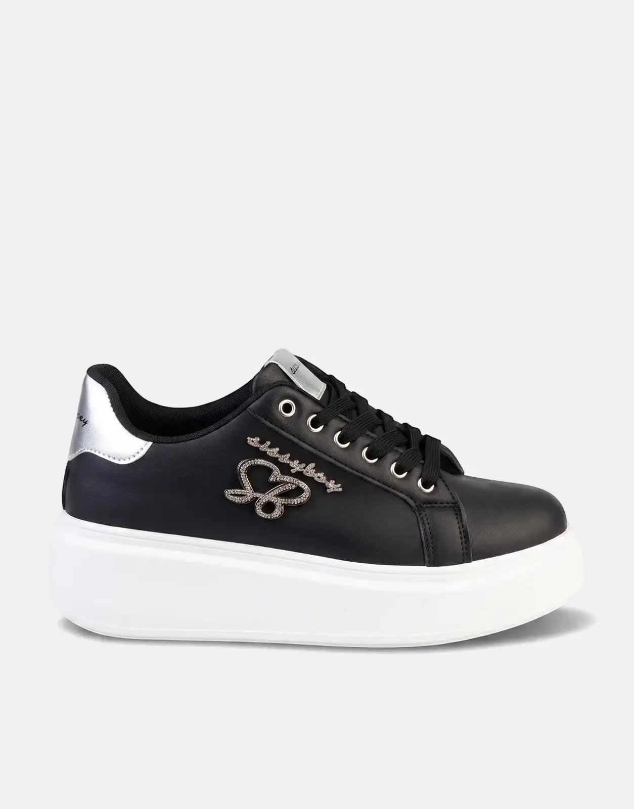 Sissy Boy Noella women's black platform sneakers with white soles, silver accents, and rhinestone 'SB' logo, photographed