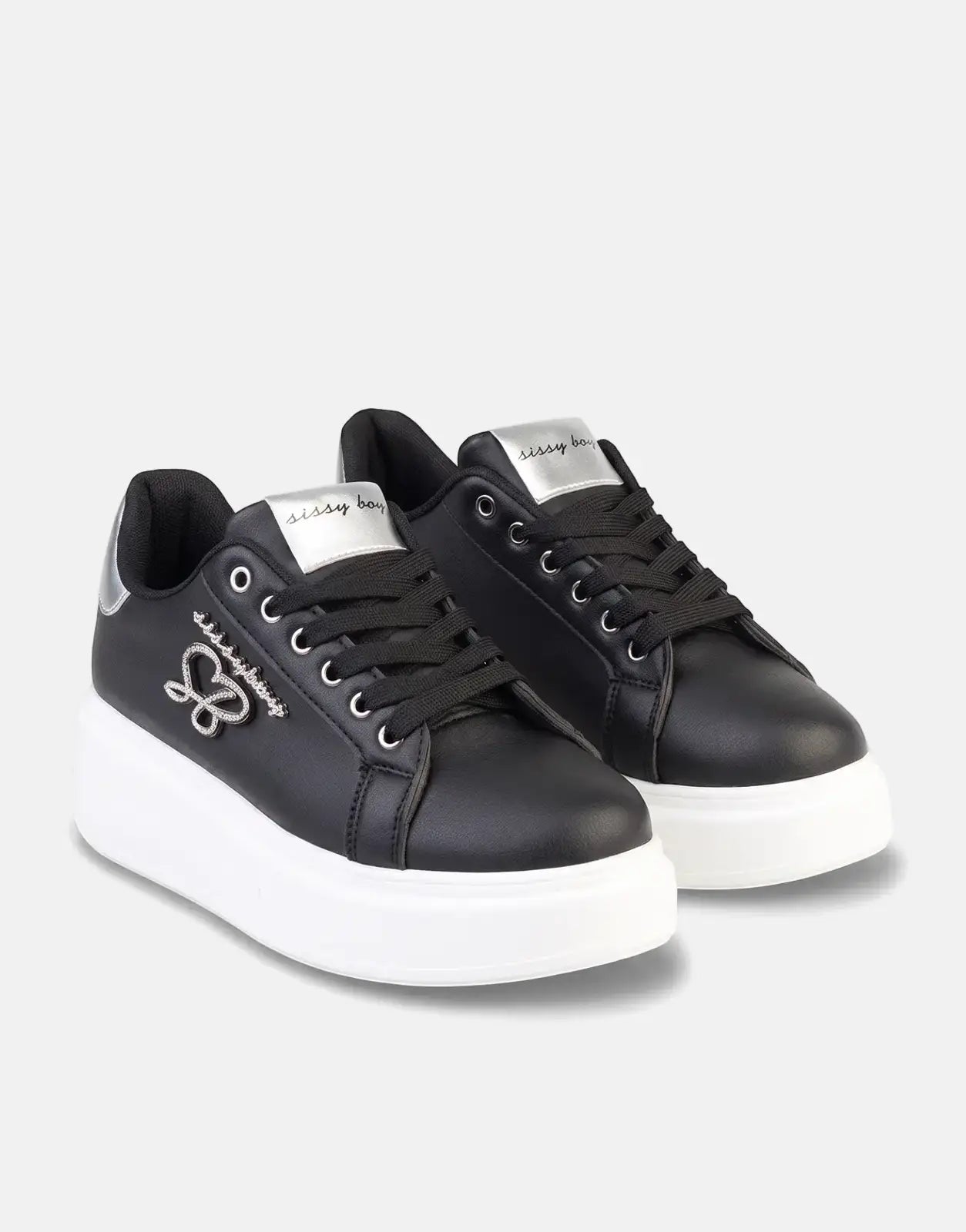Sissy Boy Noella black women's platform sneakers with white soles, silver metallic accents, and a butterfly emblem.
