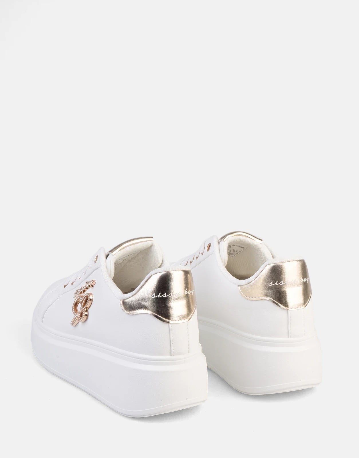 White Sissy Boy Noella platform sneakers with gold accents, presented from a rear-quarter side view on a clean background.