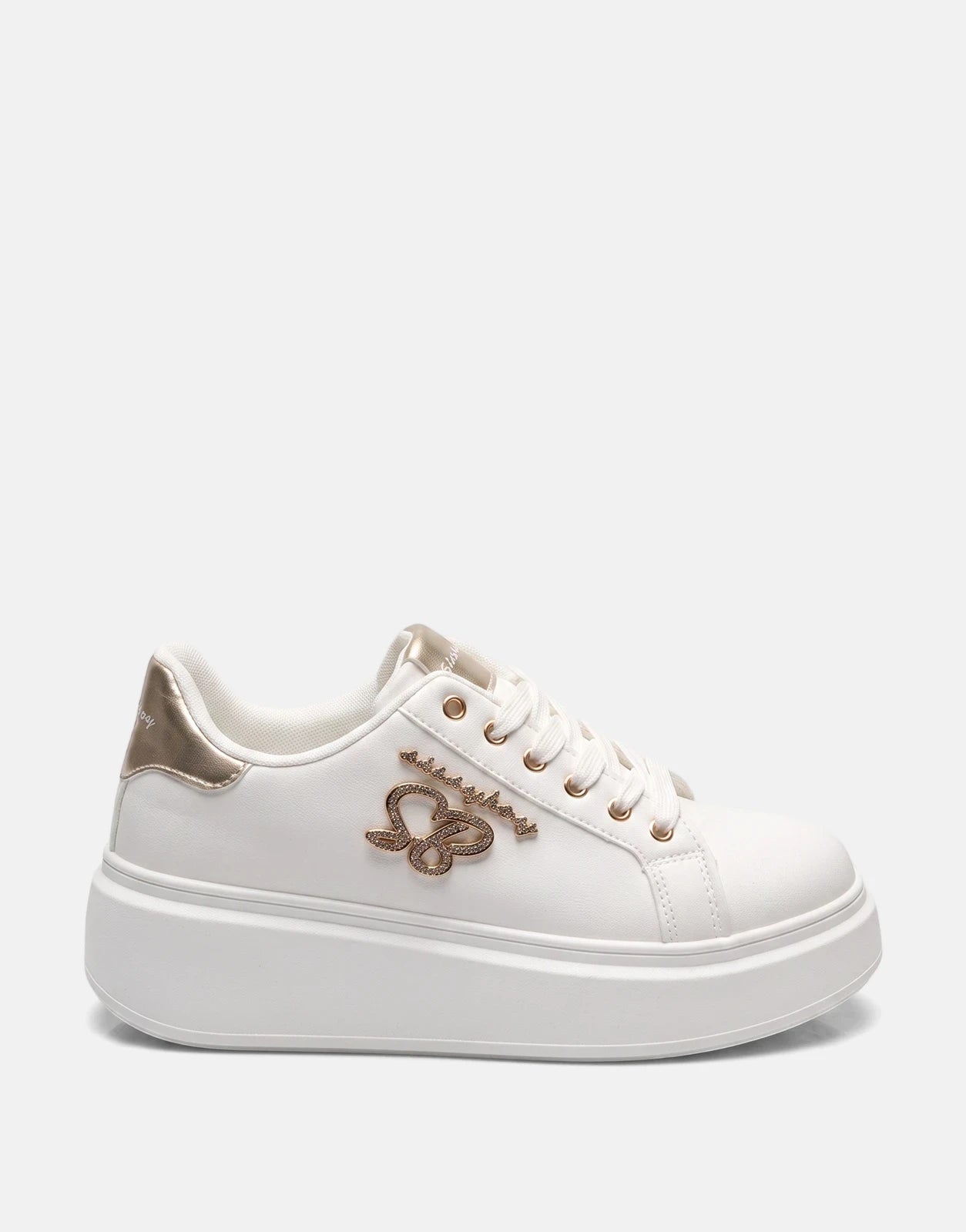 Sissy Boy Noella white platform sneakers for women, featuring gold metallic accents and a sparkling butterfly logo.
