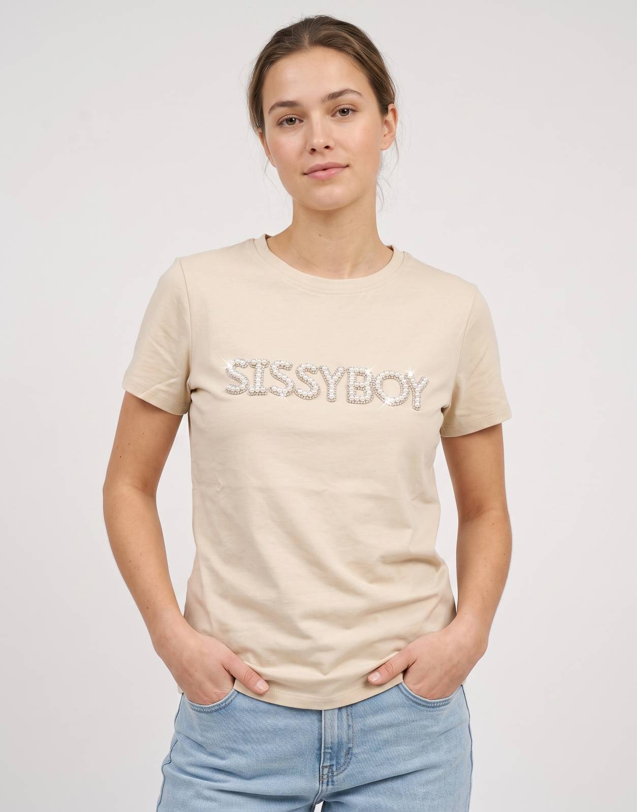Sissy Boy Rumours Regular T-Shirt in light beige, featuring a round neck, short sleeves, and a pearl and rhinestone