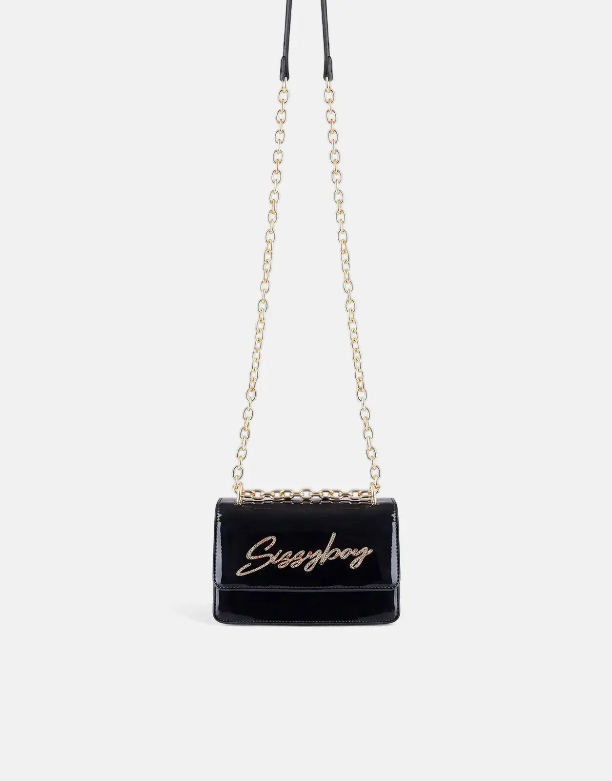 Black patent leather crossbody bag with a gold chain strap and crystal 'Sissyboy' logo, presented in a front view.