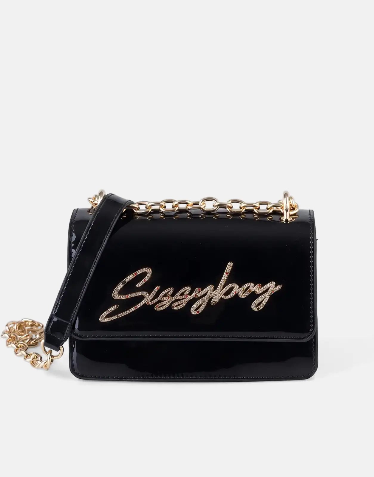Sissy Boy Slay Fest black patent crossbody bag with a gold chain strap and rhinestone Sissyboy logo, captured from a front