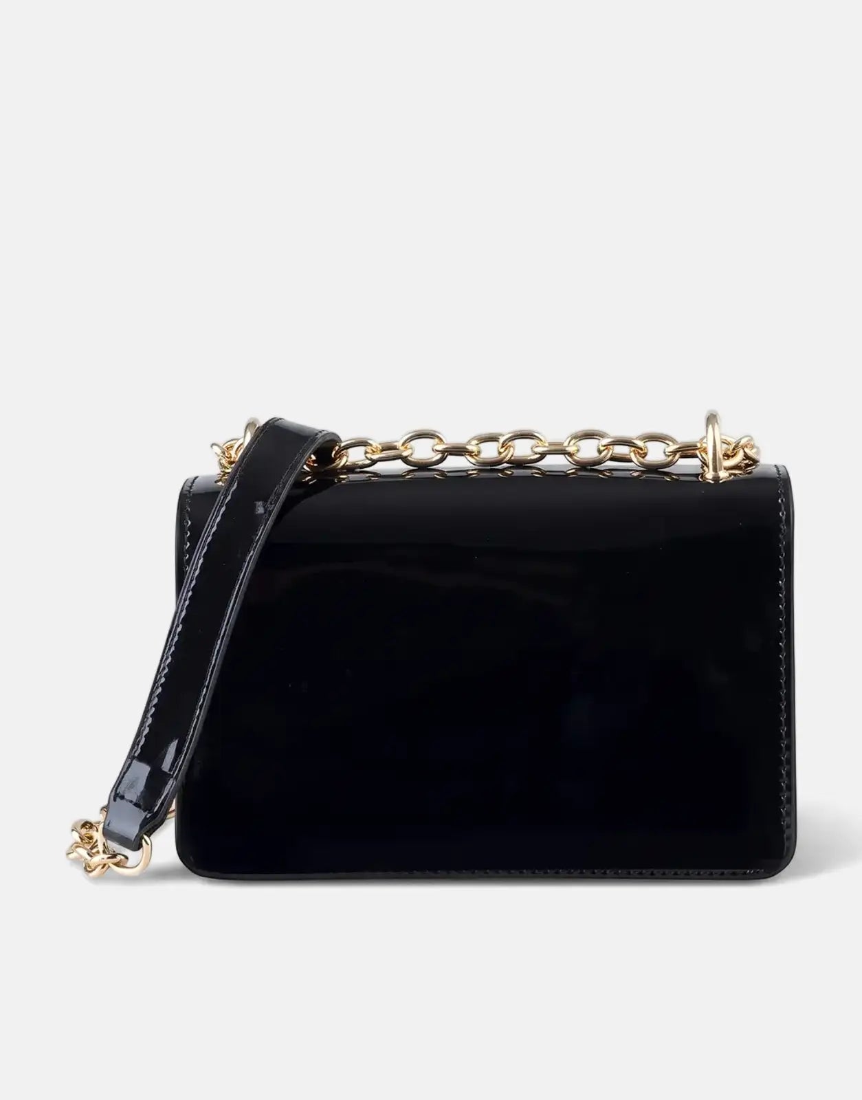 Sissy Boy Slay Fest black patent leather crossbody bag with a gold chain strap, displayed on a white surface.