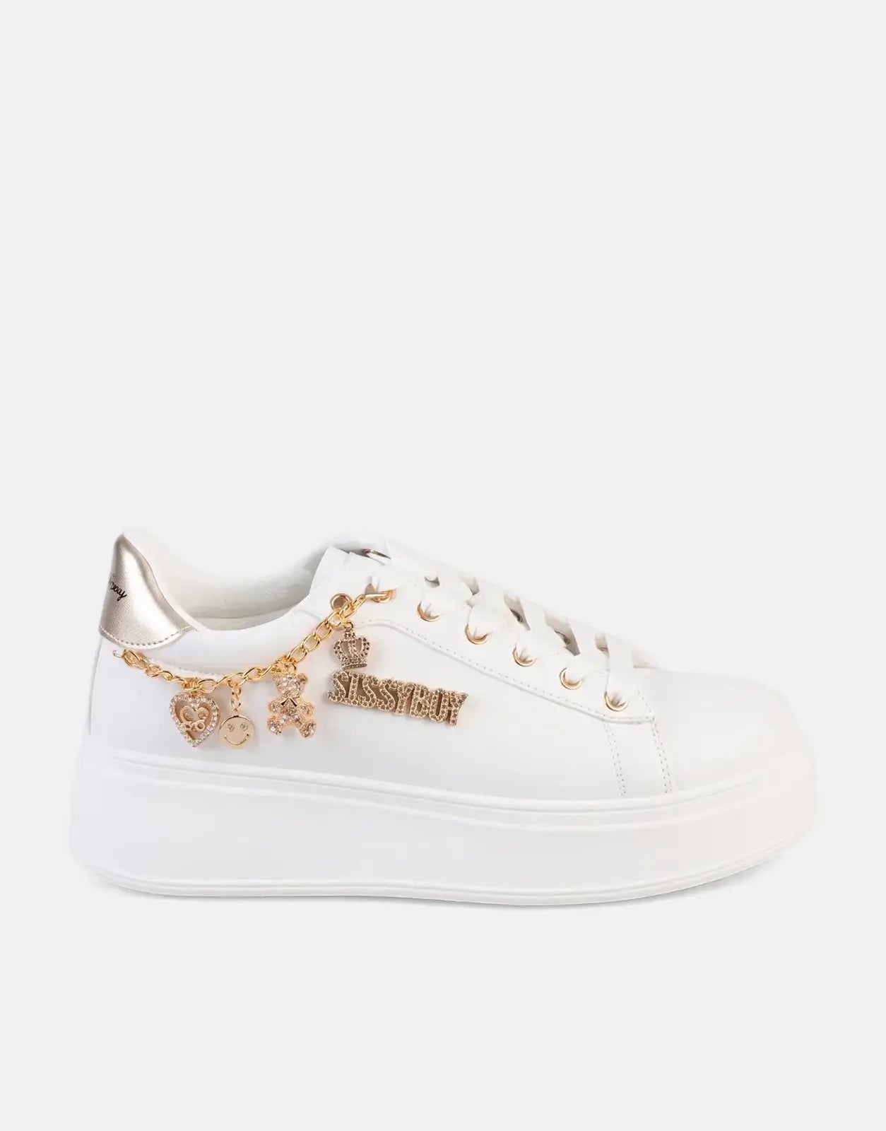 Sissy Boy Tatum white and gold women's sneakers with decorative charms and a metallic heel detail, shown from a side view.