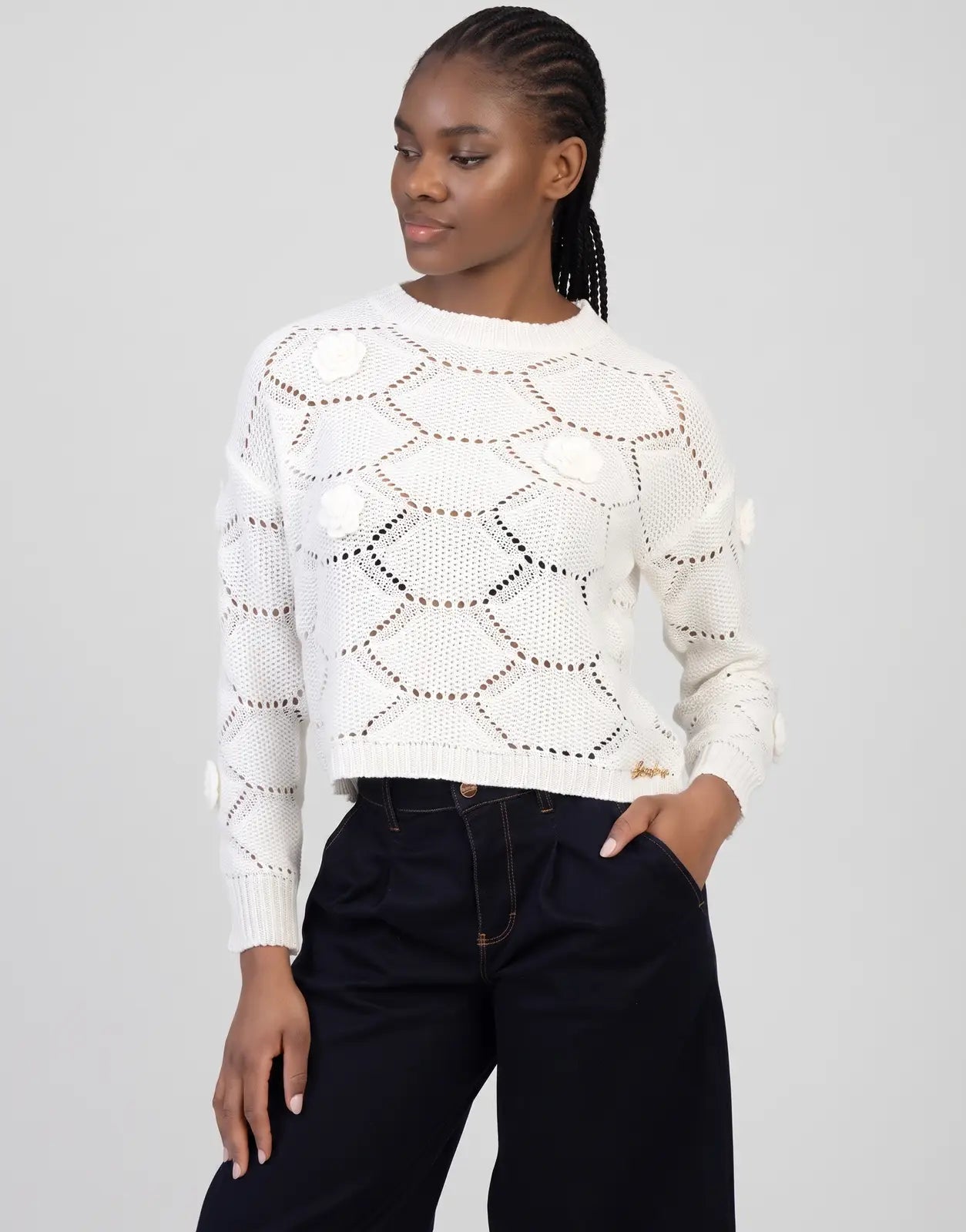 Sissy Boy Wallflower Knit Off White Jersey sweater featuring an intricate open-knit pattern and delicate 3D floral appliques.