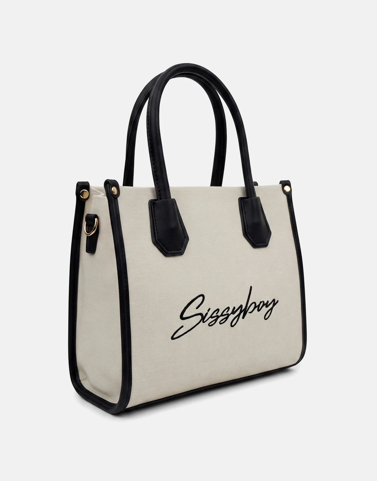 Sissy Boy Willow Black Mini Tote Bag in cream canvas with black trim, featuring top handles and a script logo on the front.