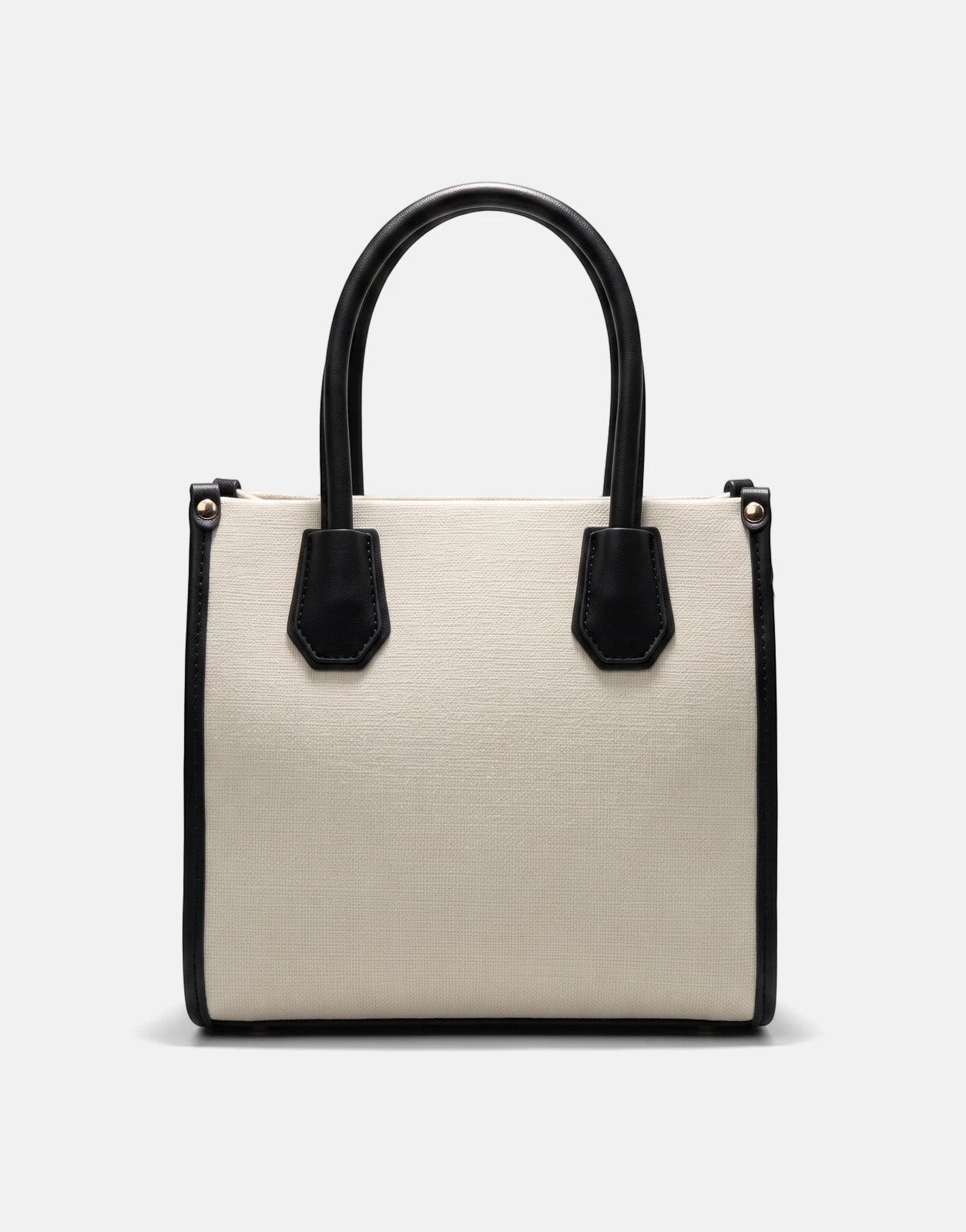 Sissy Boy Willow Black Mini Tote Bag with beige canvas body, black handles and trim, compact structured tote for everyday