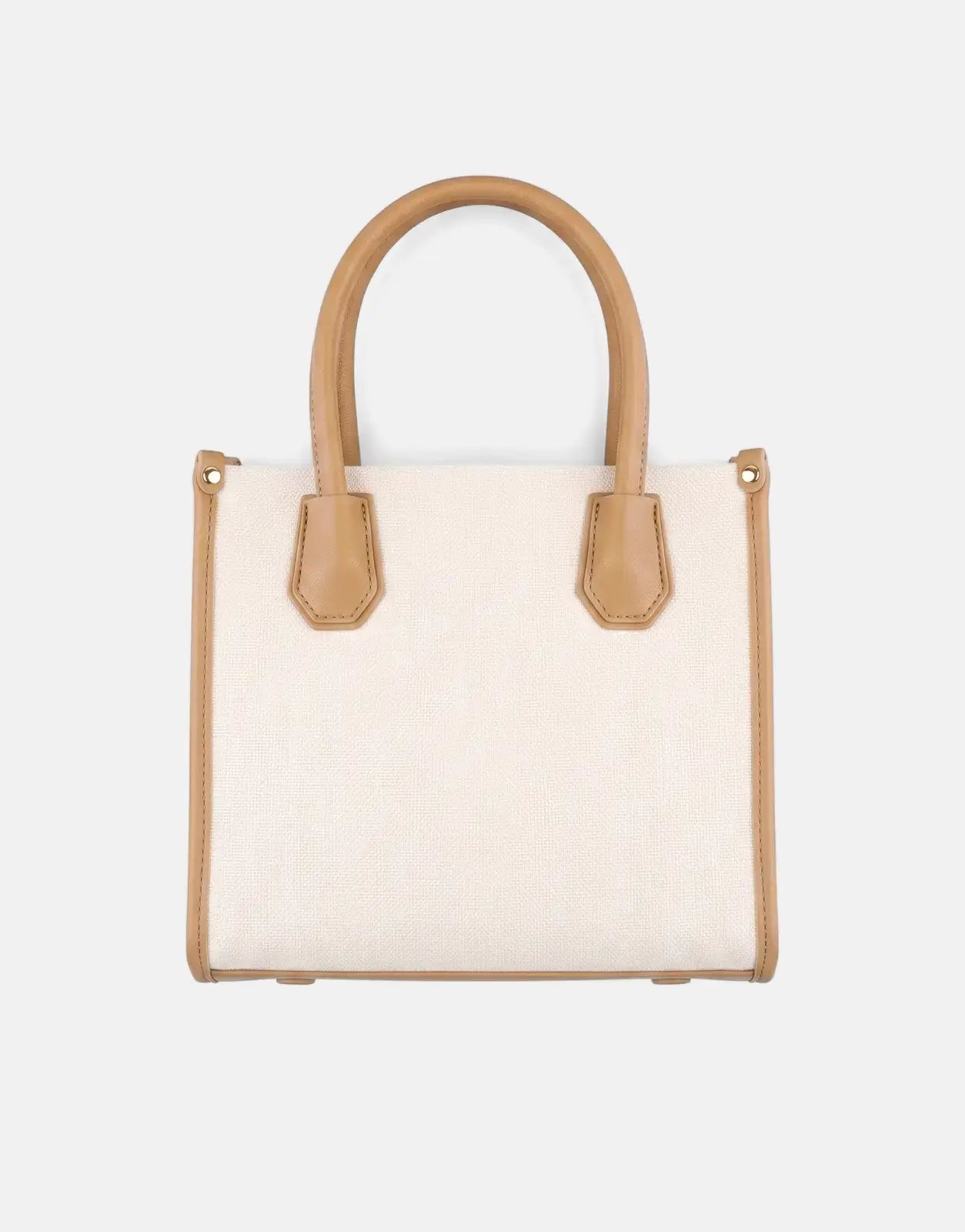 Sissy Boy Willow Stone Mini Tote Bag in off-white canvas with light brown leather trim and handles, front view.