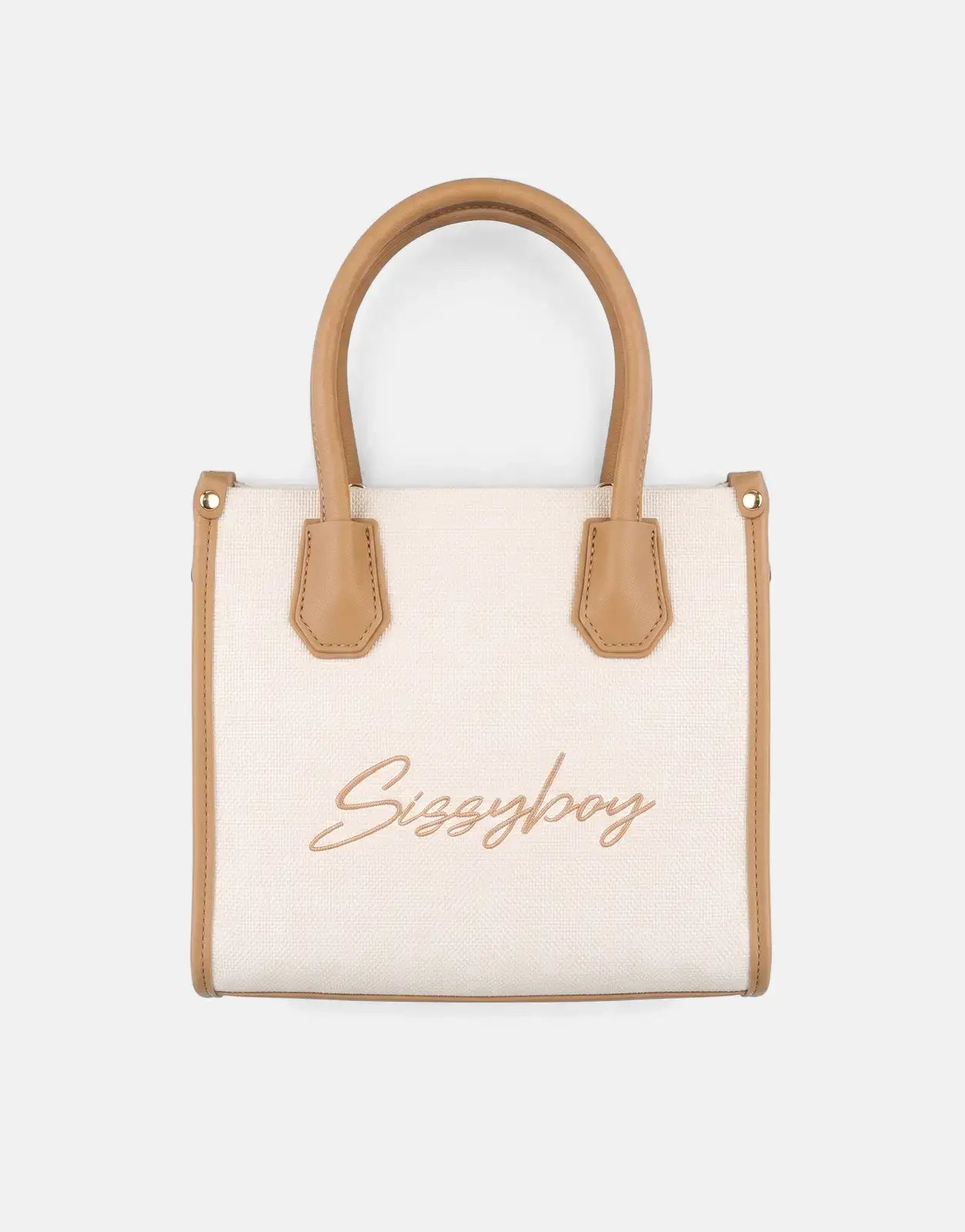 Sissy Boy Willow Stone Mini Tote Bag, off-white canvas with tan leather handles, front view, embroidered 'Sissyboy' logo.