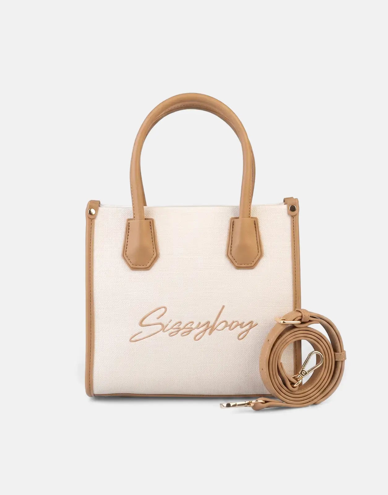 Sissy Boy Willow Stone Mini Tote Bag in off-white canvas with tan leather-like handles and a coiled shoulder strap, front