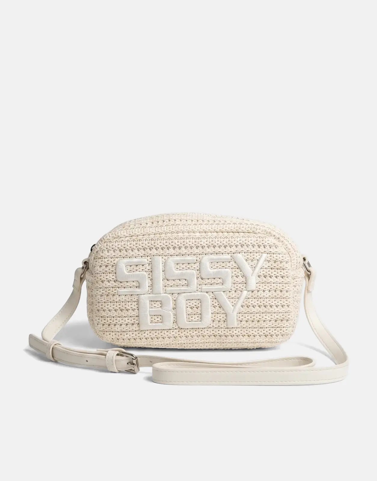 Off-white Sissy Boy Wren bag featuring a woven exterior and an embroidered logo, presented as a stylish cross-body accessory.