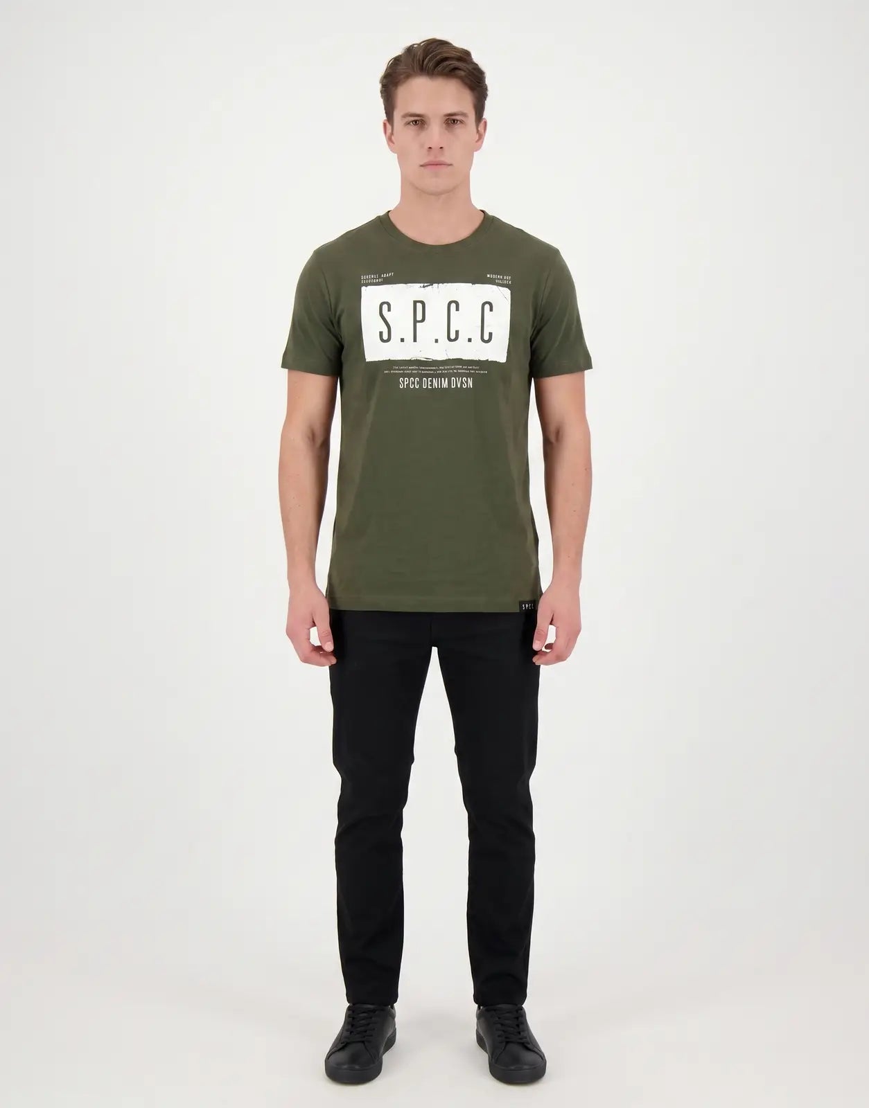 Men's SPCC Elias T-Shirt in fatigue green, featuring a white chest graphic with 'S.P.C.C' branding. Short sleeves and a crew